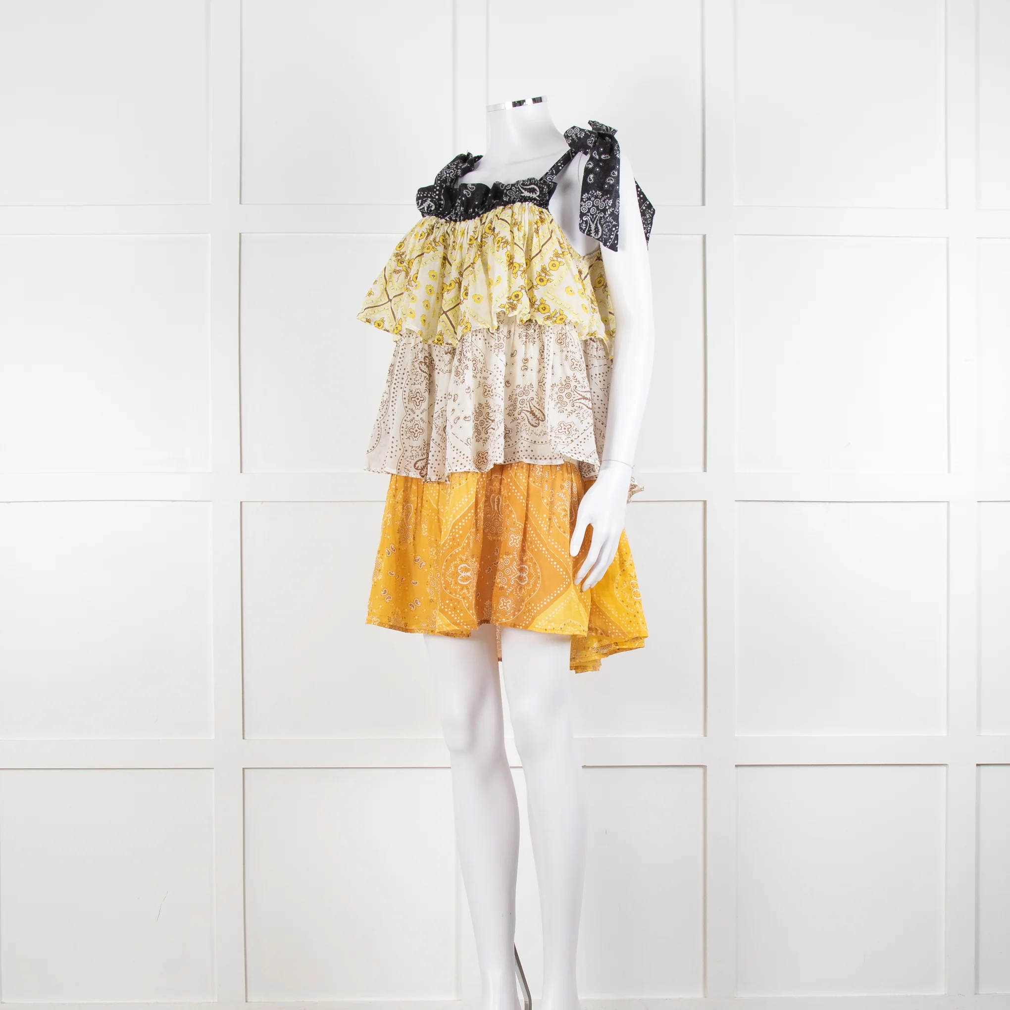 Innika Yellow White Black Ramie Tiered Short Dress - Image 8