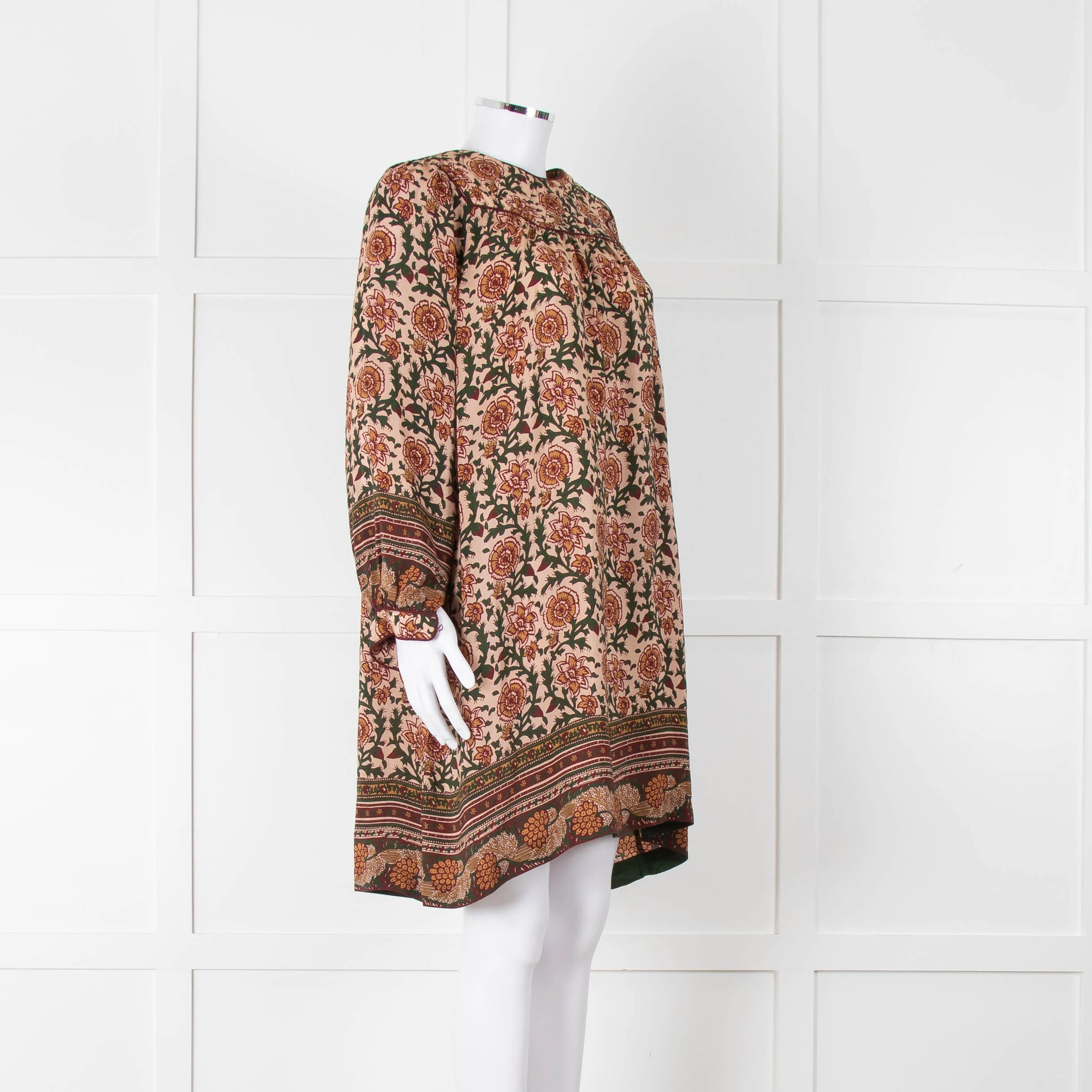 Iris Beige Green Floral Smock Tunic Dress - Image 2