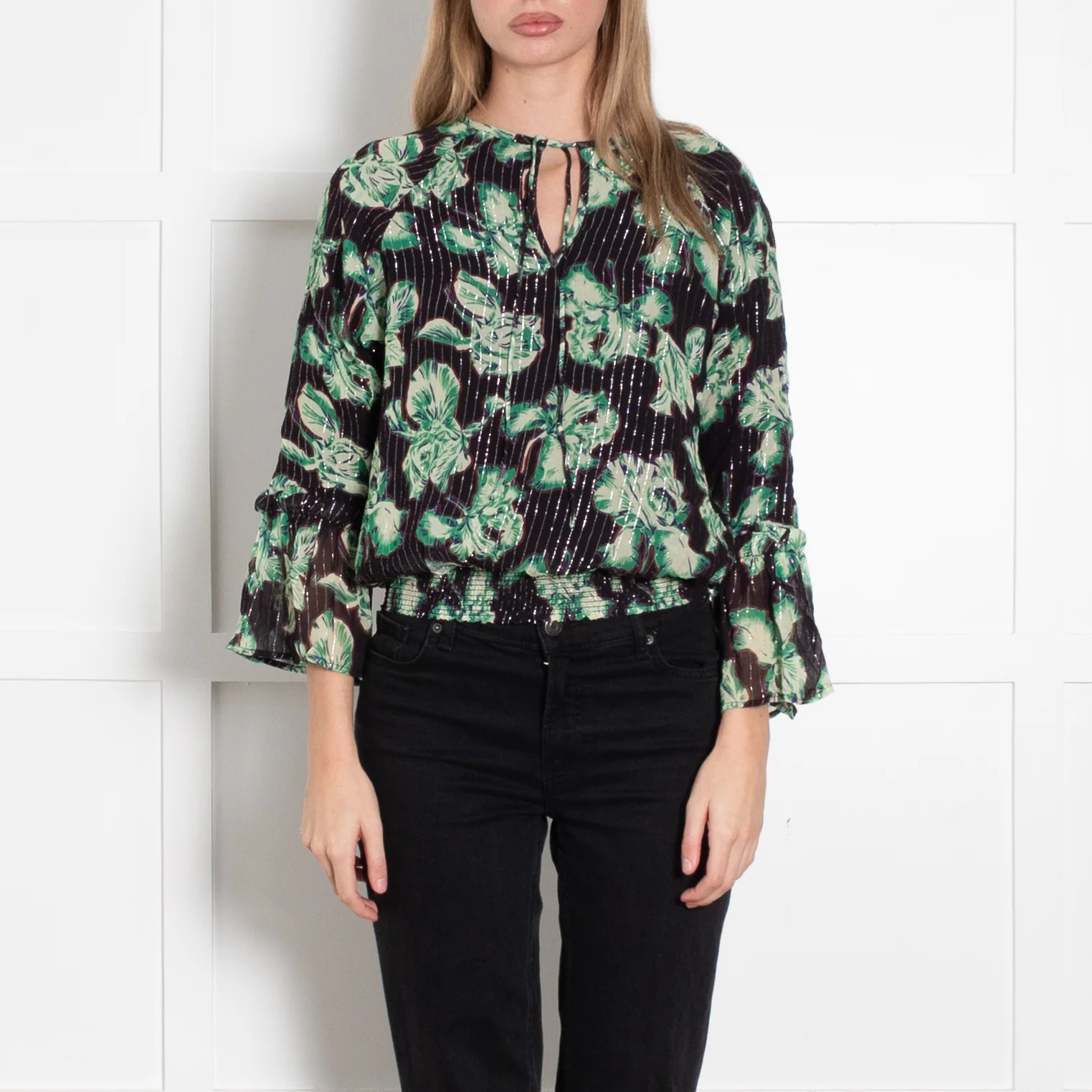 Iris Black Green Floral Silver Thread Detail Top - Image 2