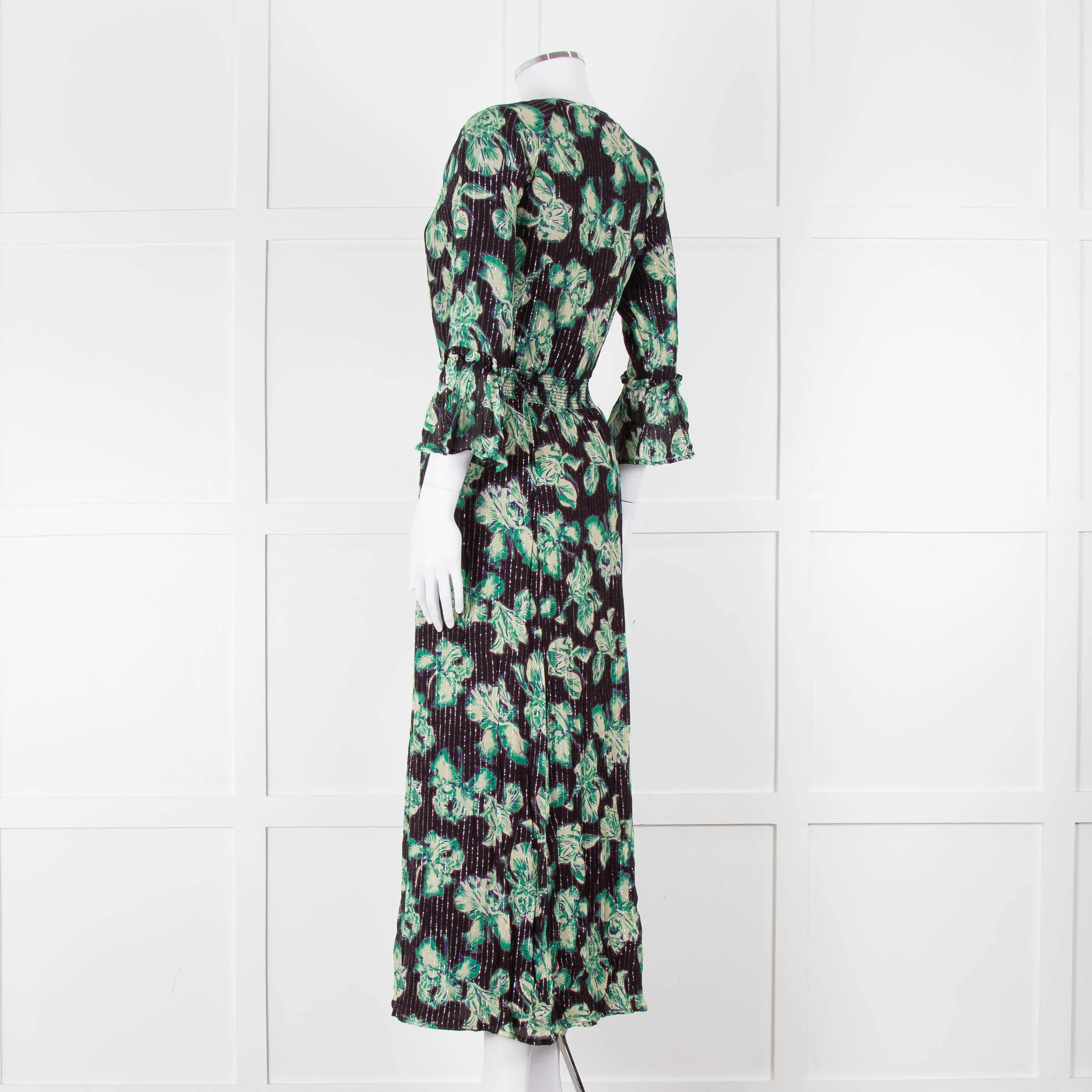 Iris Black Green Floral Silver Thread Midi Dress - Image 6