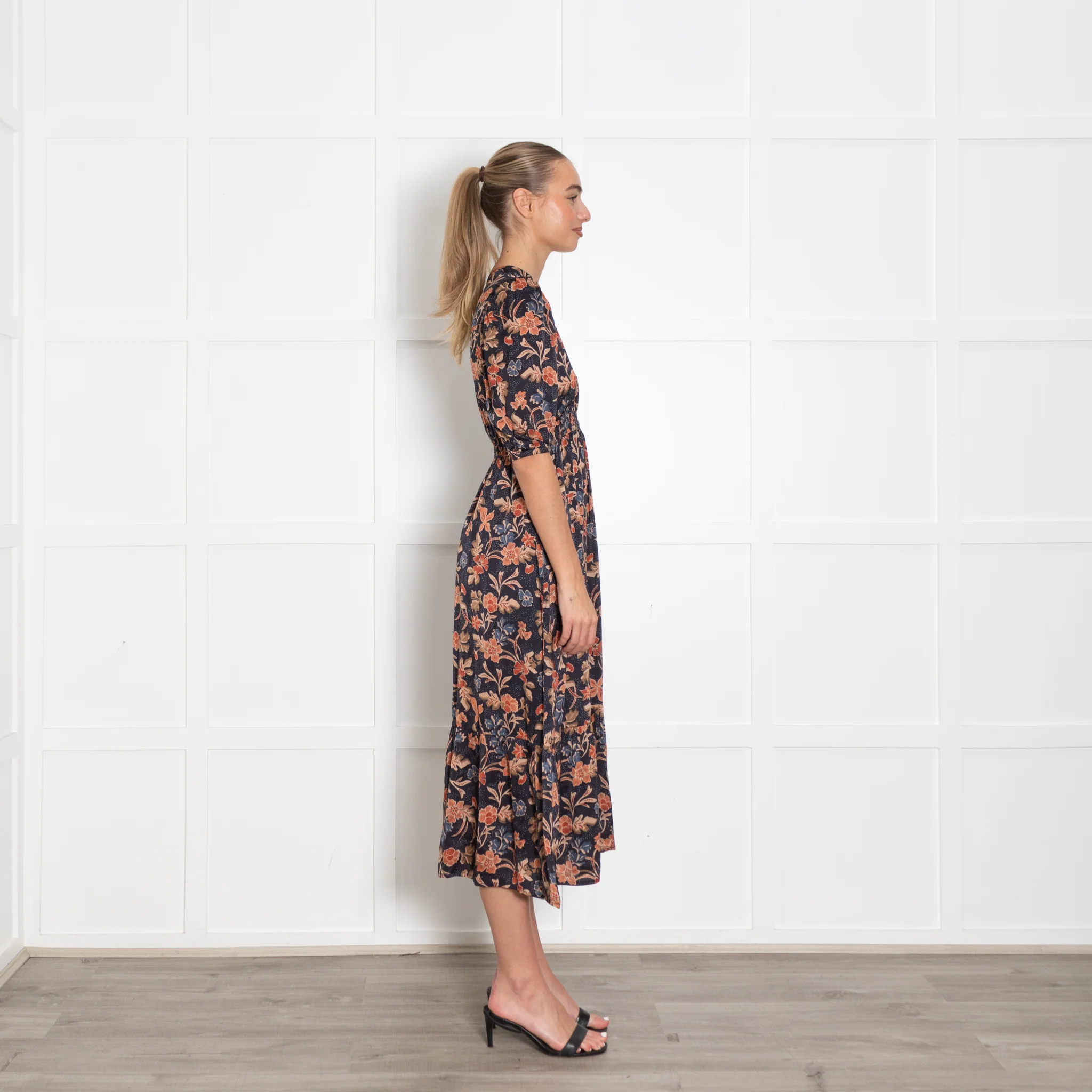 Iris Black Rust Brown Floral Short Sleeve Midi Dress - Image 6