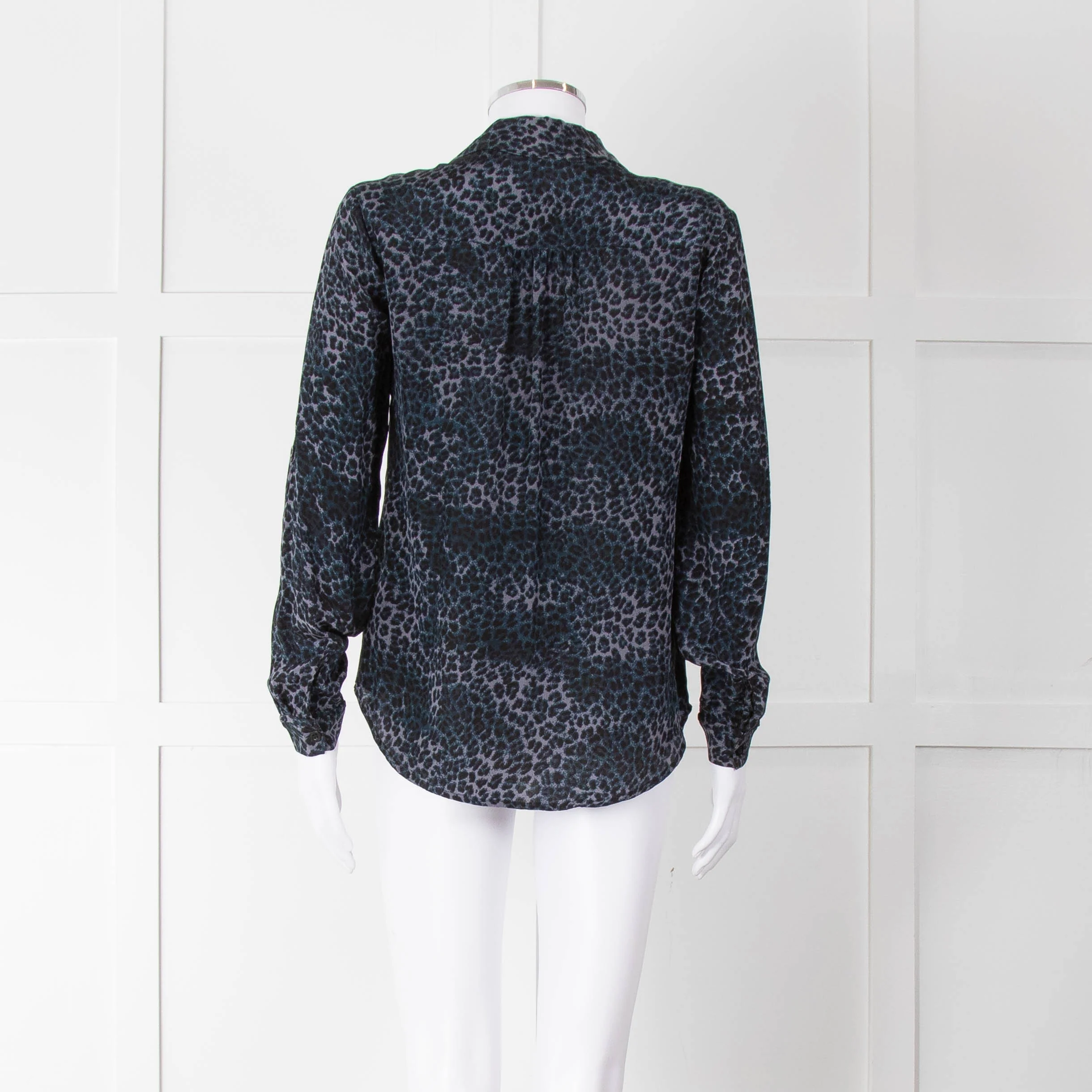 Iris Blue Black Animal Print Silk Shirt - Image 5