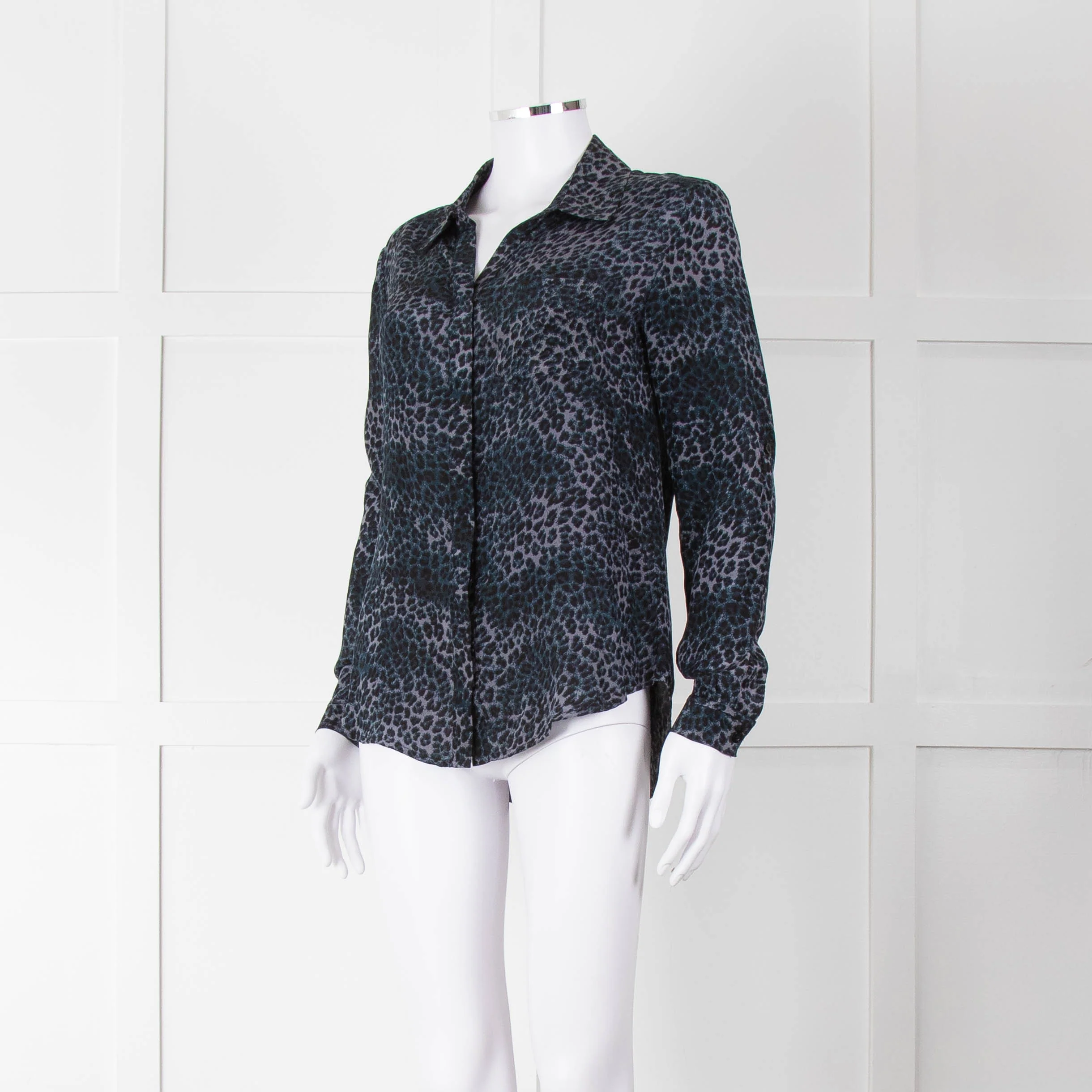 Iris Blue Black Animal Print Silk Shirt - Image 8
