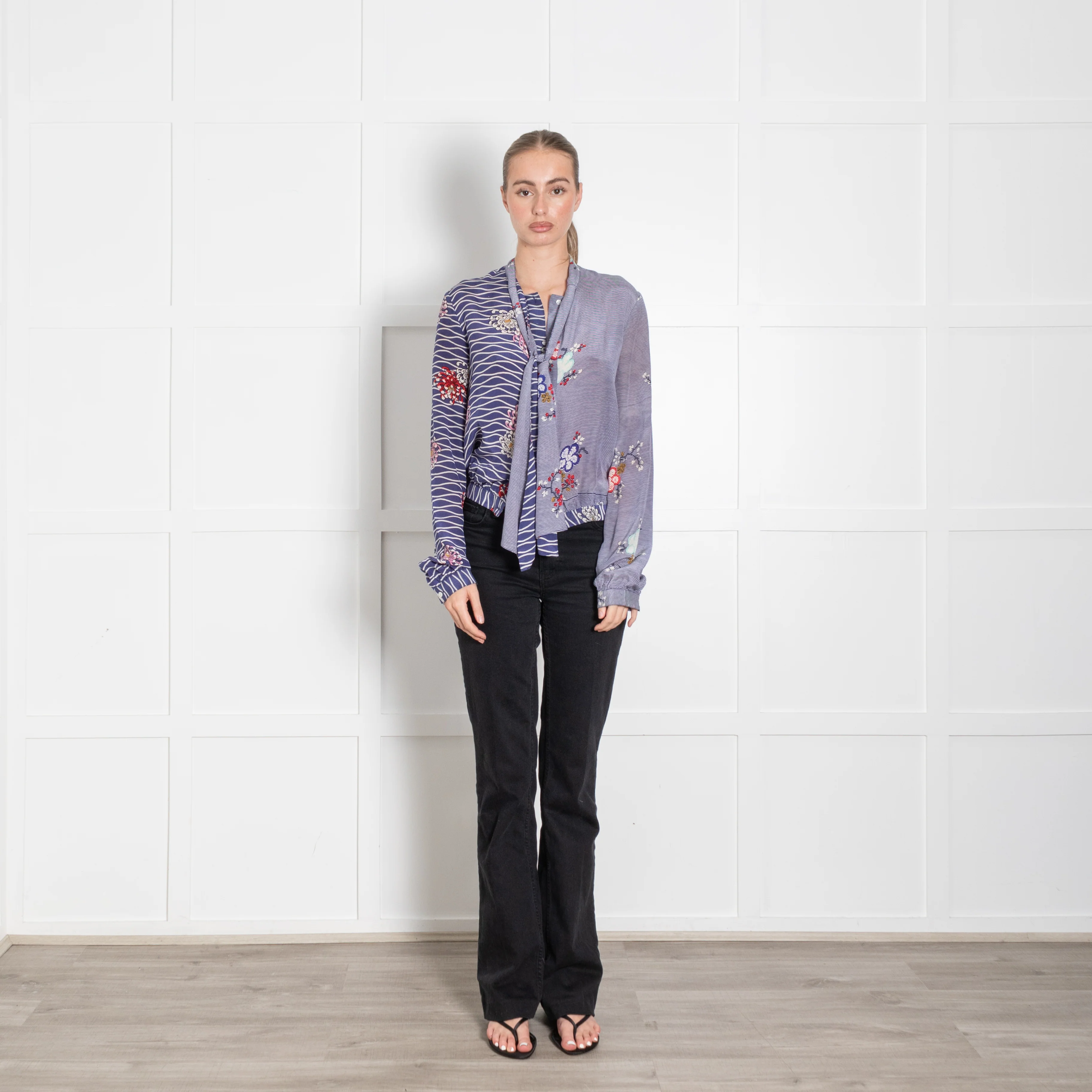 Iris Blue Floral Striped Silk Tie Up Blouse