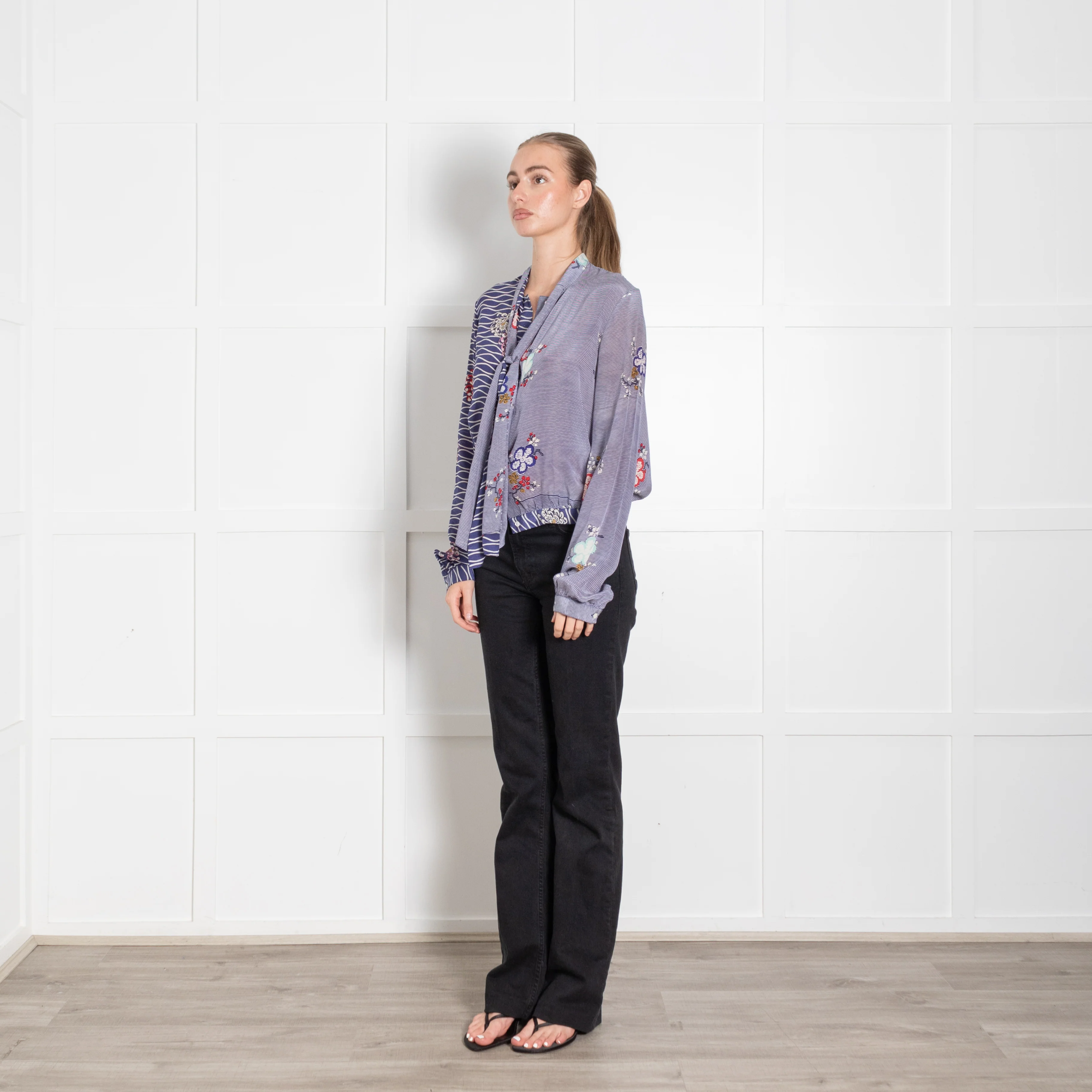 Iris Blue Floral Striped Silk Tie Up Blouse - Image 3