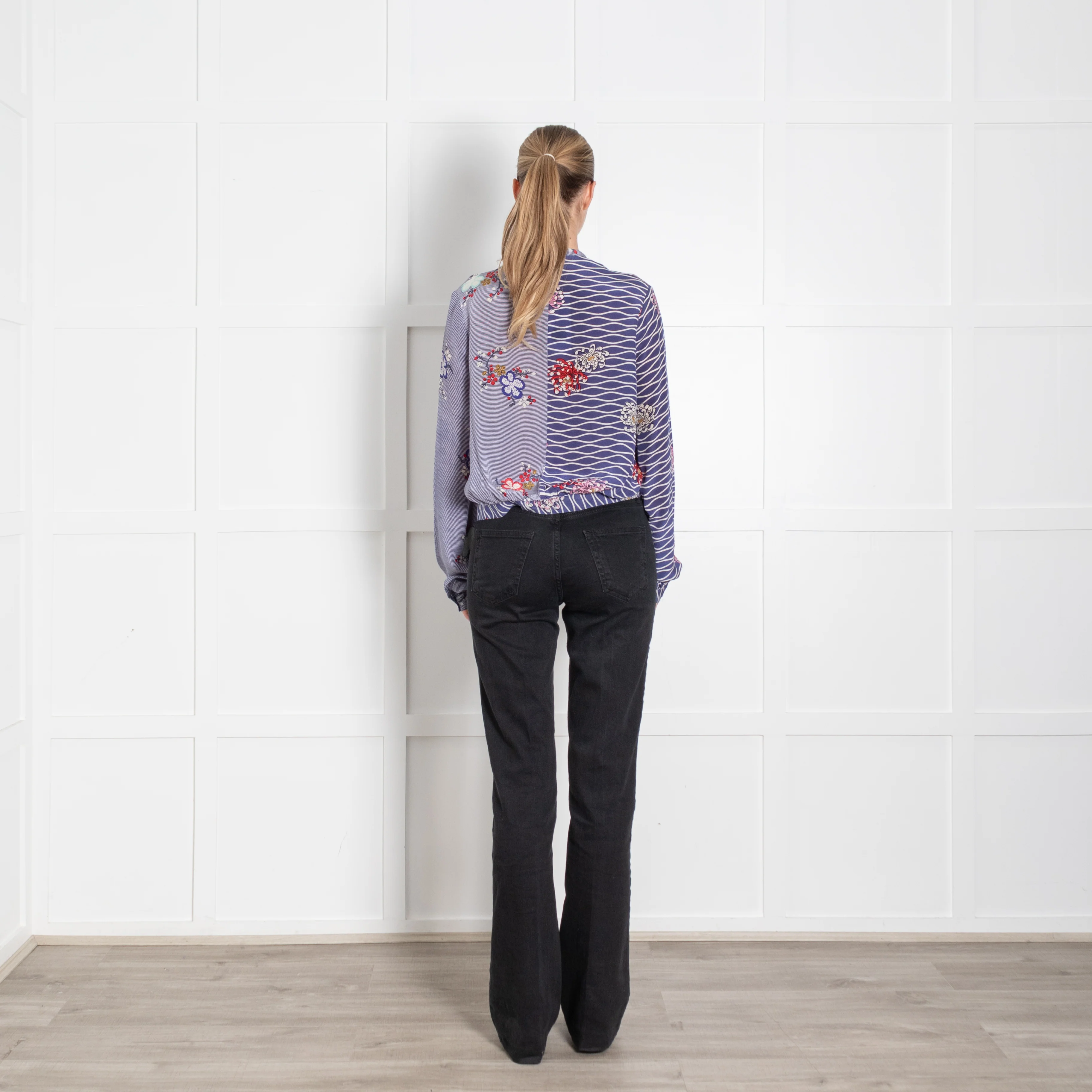 Iris Blue Floral Striped Silk Tie Up Blouse - Image 5
