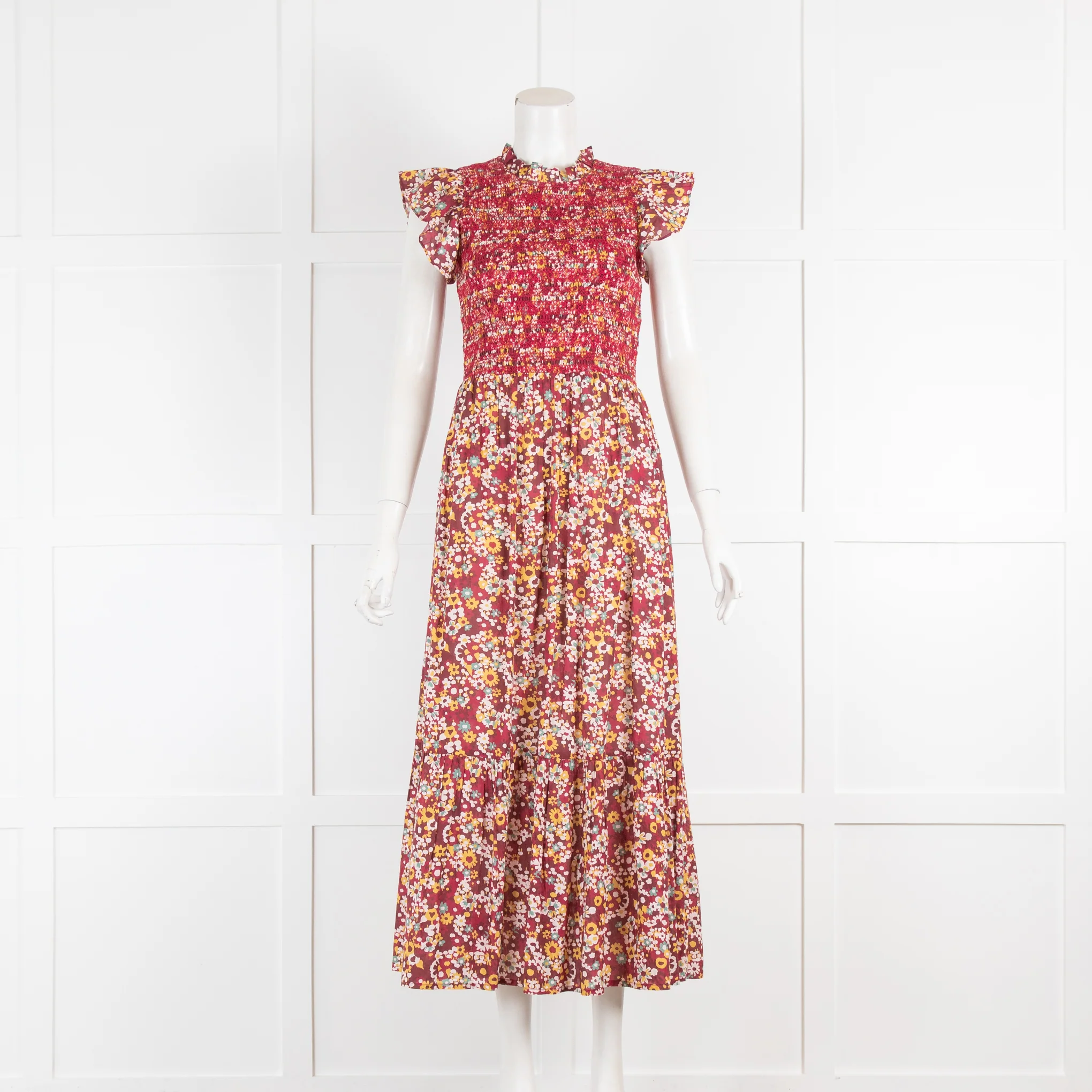 Iris Burgundy Floral Organic Cotton Dress with Smocking & Frill Sleeve