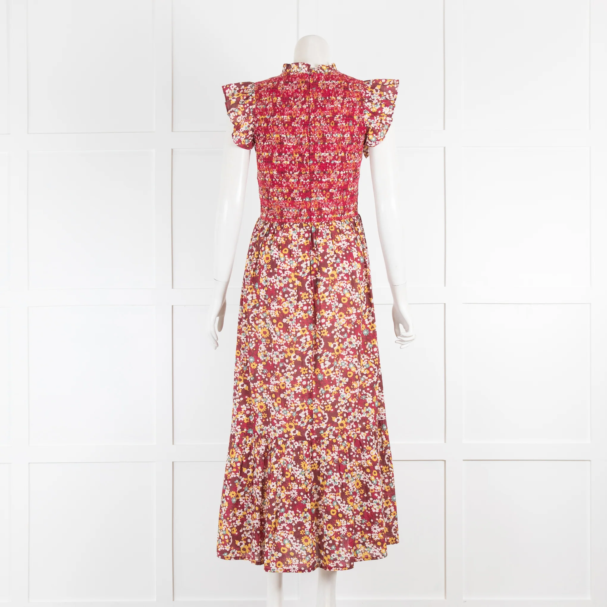 Iris Burgundy Floral Organic Cotton Dress with Smocking & Frill Sleeve - Image 2