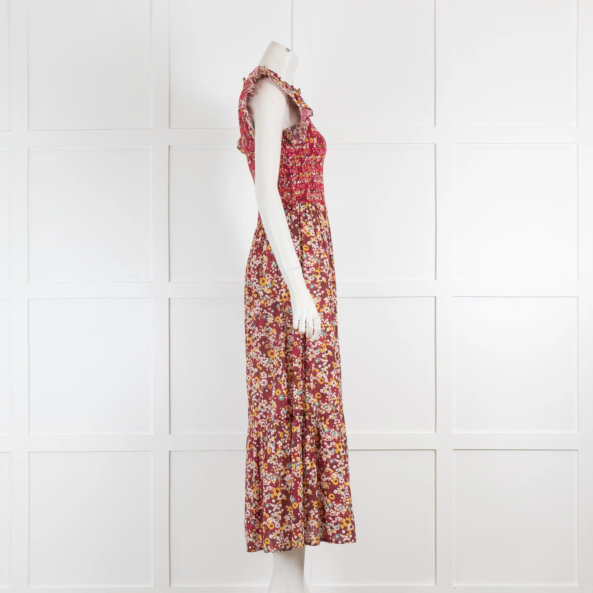 Iris Burgundy Floral Organic Cotton Dress with Smocking & Frill Sleeve - Image 3