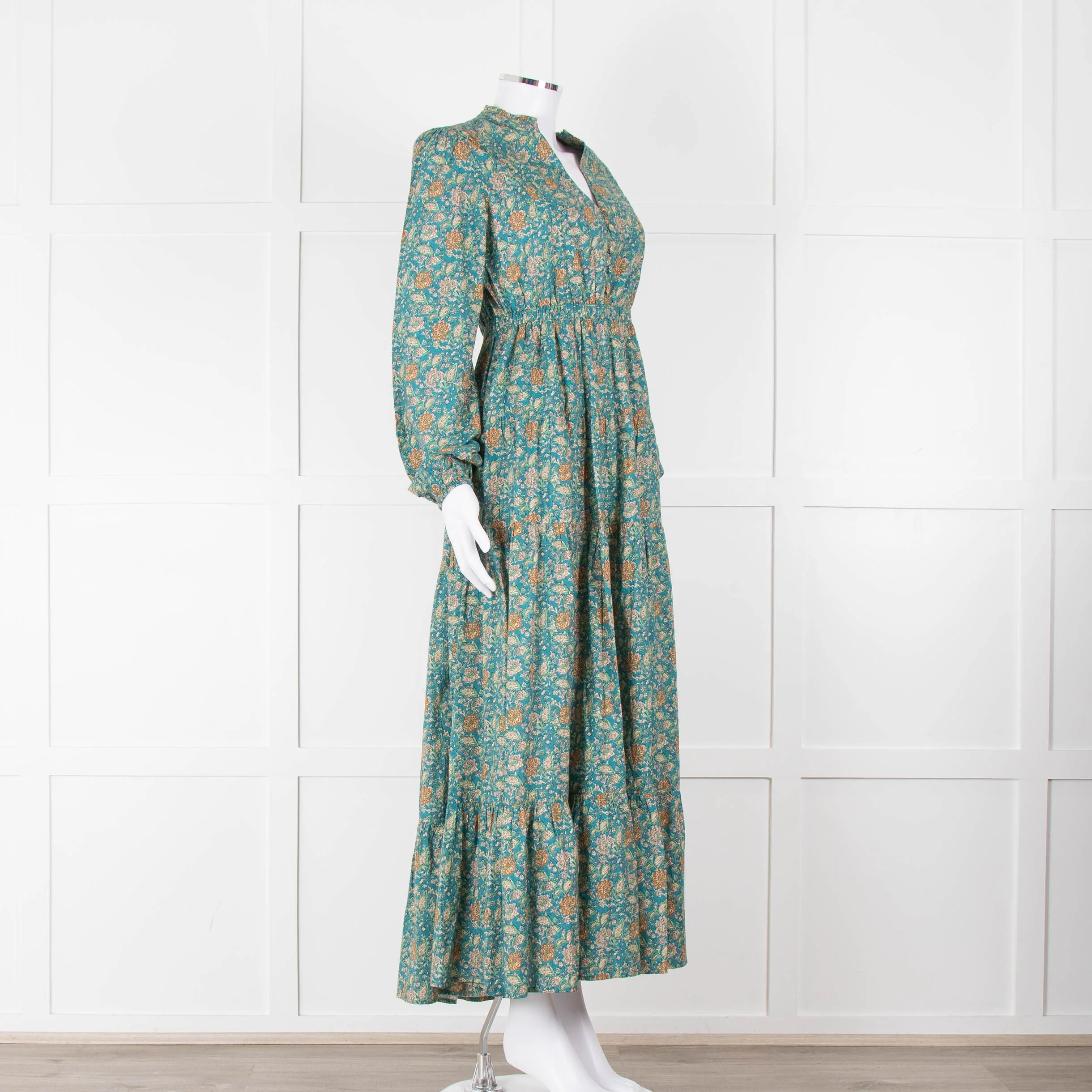 Iris Green Beige Floral Cotton Long Sleeve Maxi Dress - Image 2