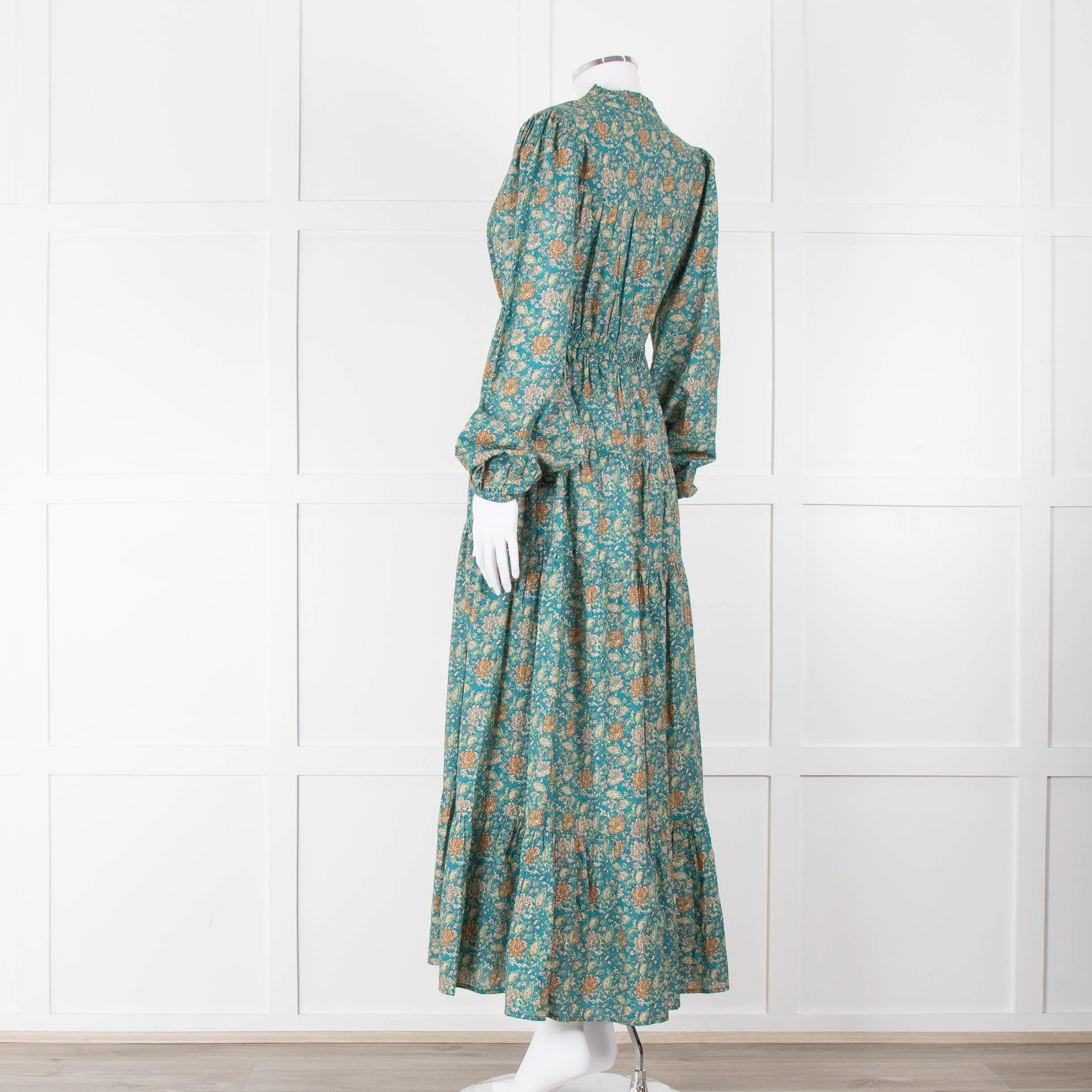 Iris Green Beige Floral Cotton Long Sleeve Maxi Dress - Image 6