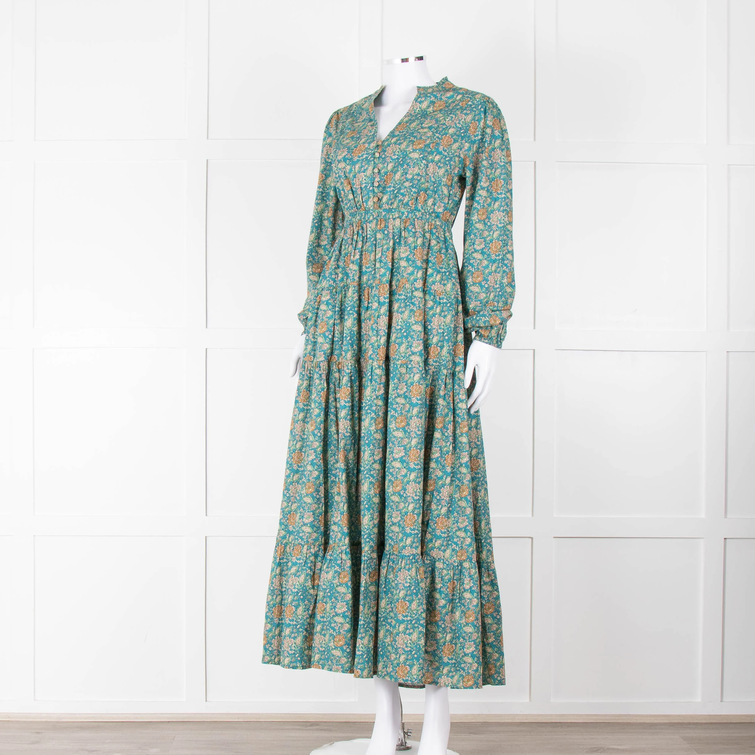 Iris Green Beige Floral Cotton Long Sleeve Maxi Dress - Image 8