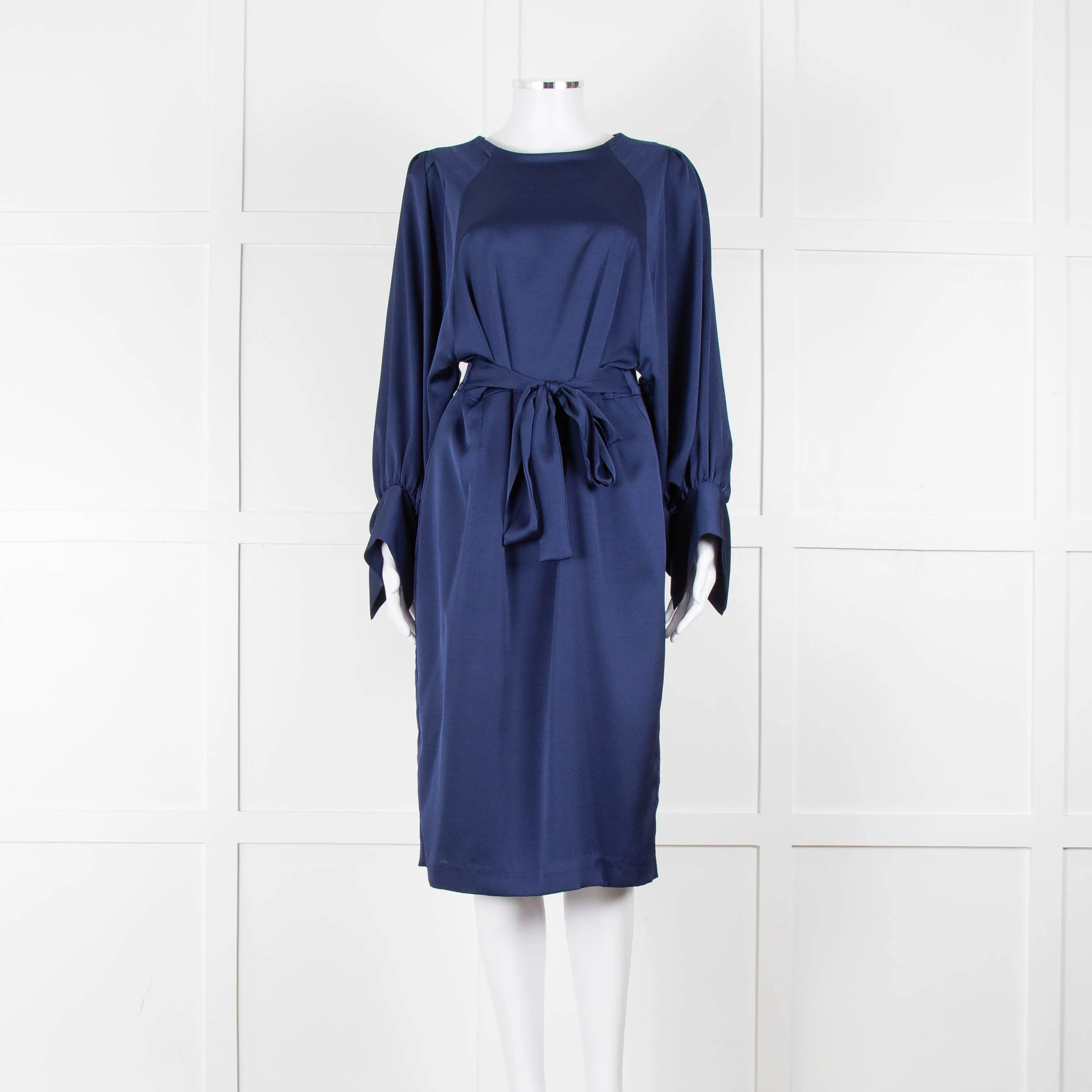 Iris & Ink Blue Long Sleeve Tie Waist Midi Dress
