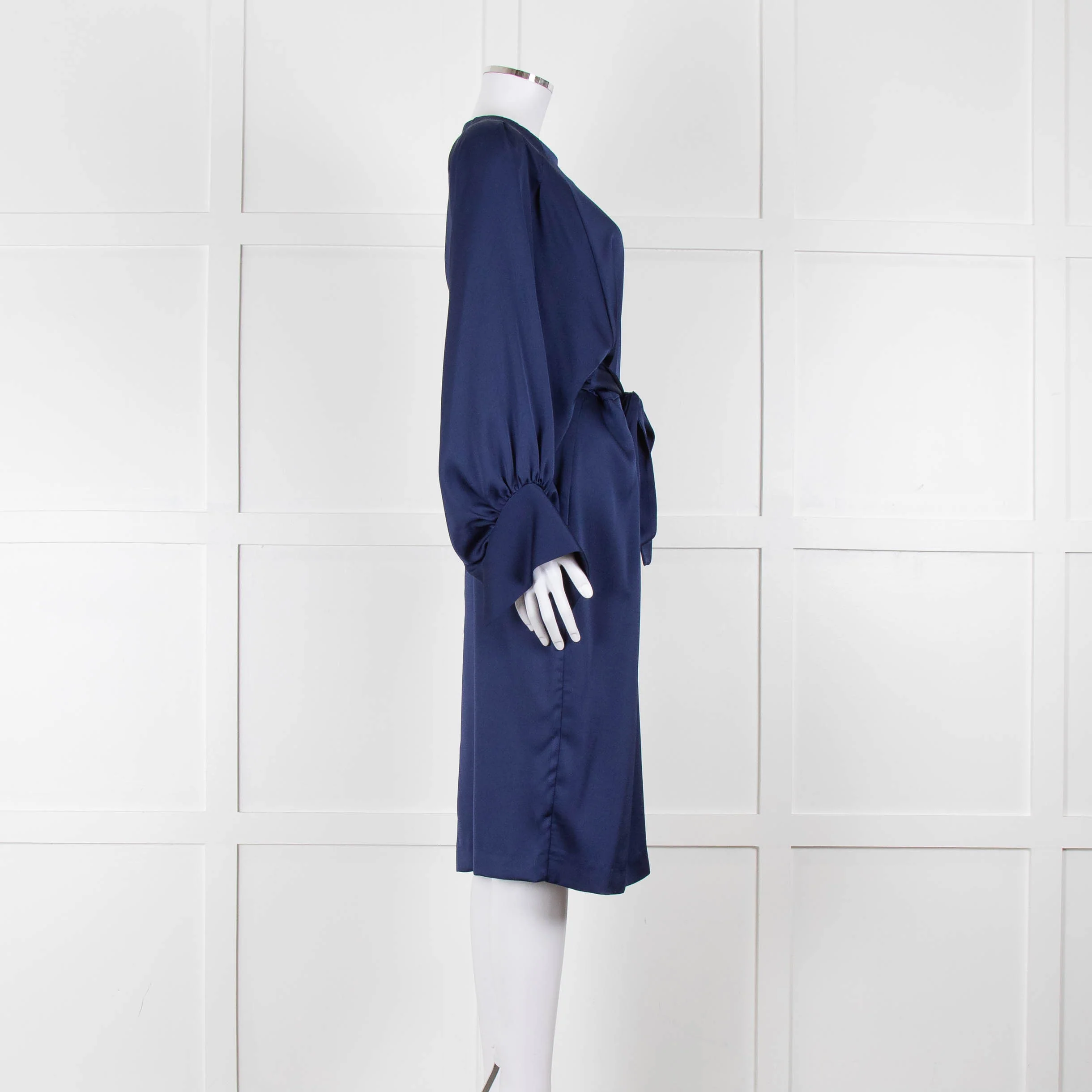 Iris & Ink Blue Long Sleeve Tie Waist Midi Dress - Image 3