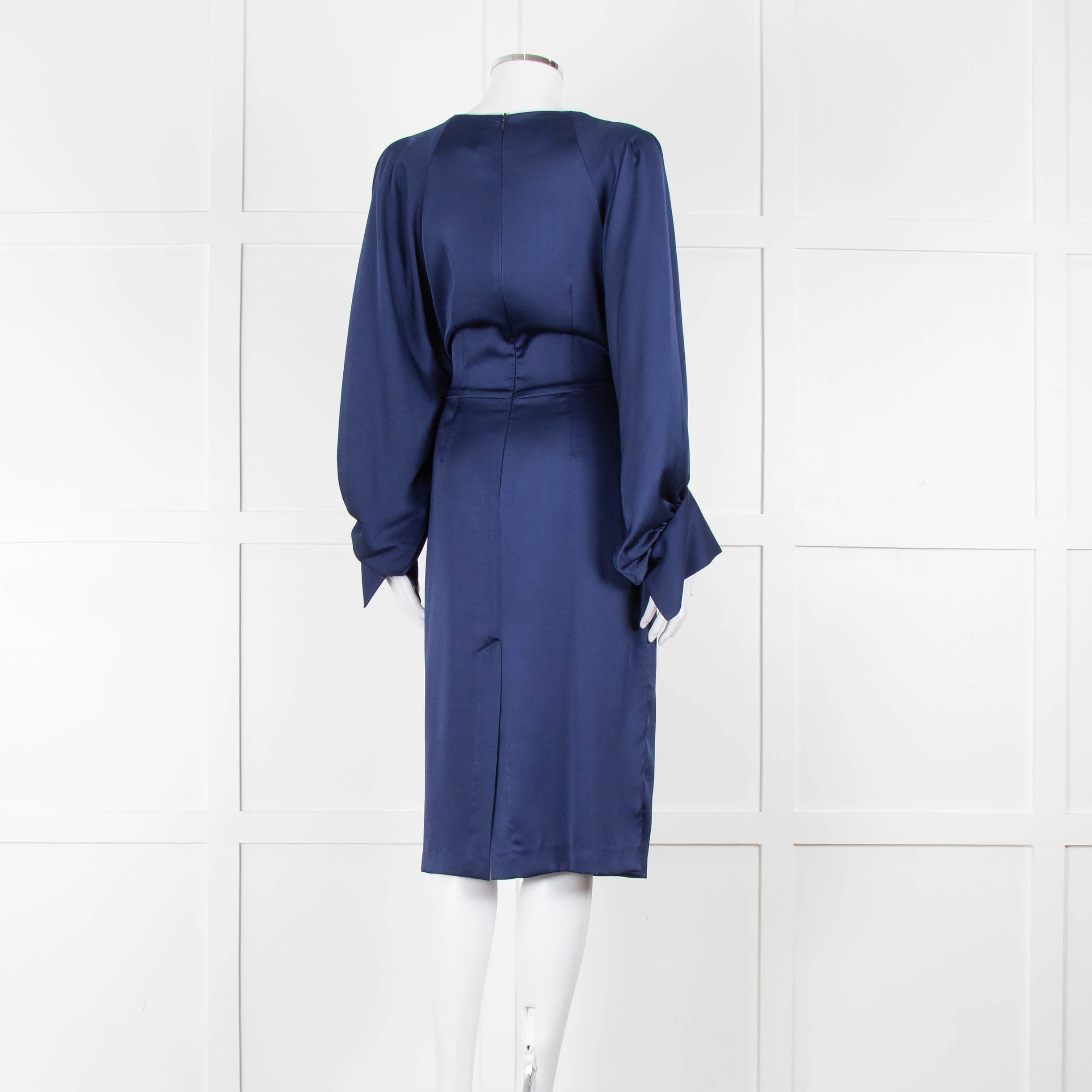 Iris & Ink Blue Long Sleeve Tie Waist Midi Dress - Image 4