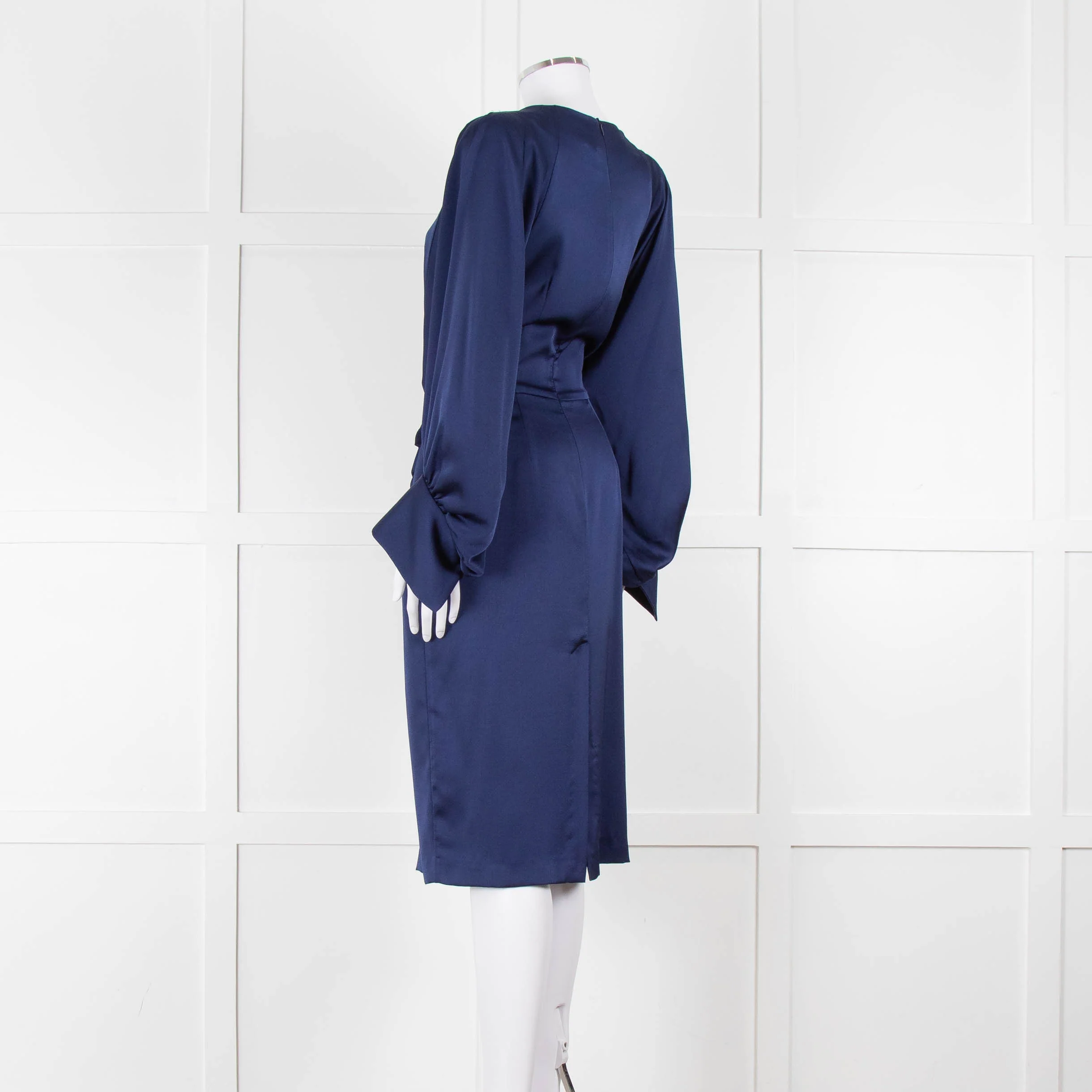 Iris & Ink Blue Long Sleeve Tie Waist Midi Dress - Image 6