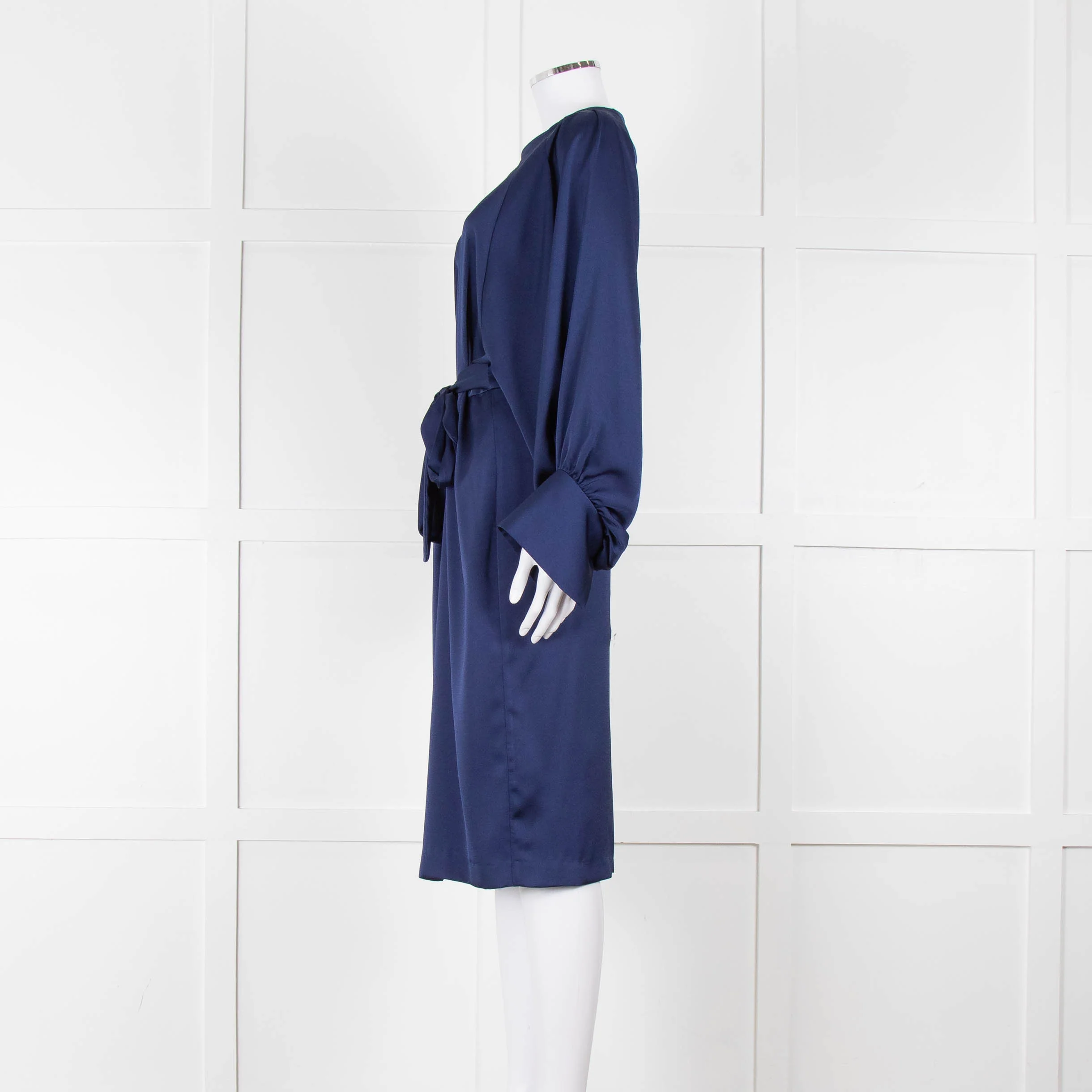 Iris & Ink Blue Long Sleeve Tie Waist Midi Dress - Image 7
