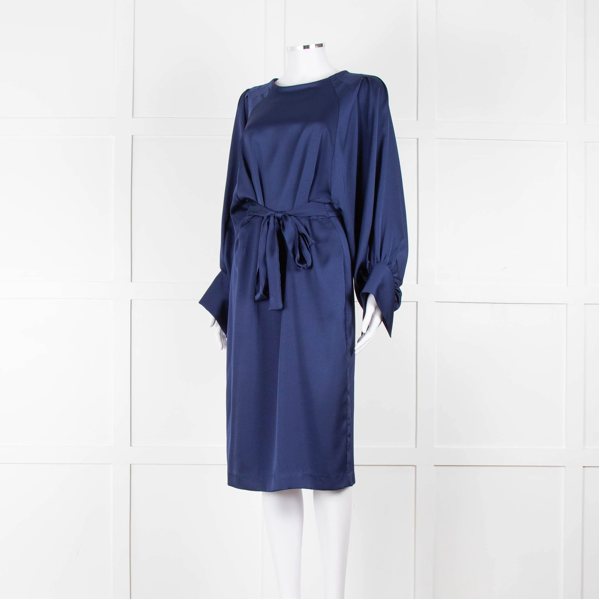 Iris & Ink Blue Long Sleeve Tie Waist Midi Dress - Image 8