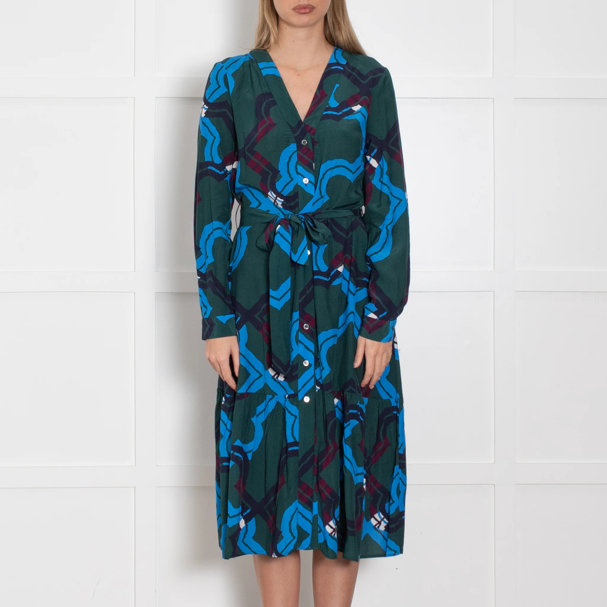 Iris & ink Green Blue Pattern Front Open Belted Midi Dress - Image 2