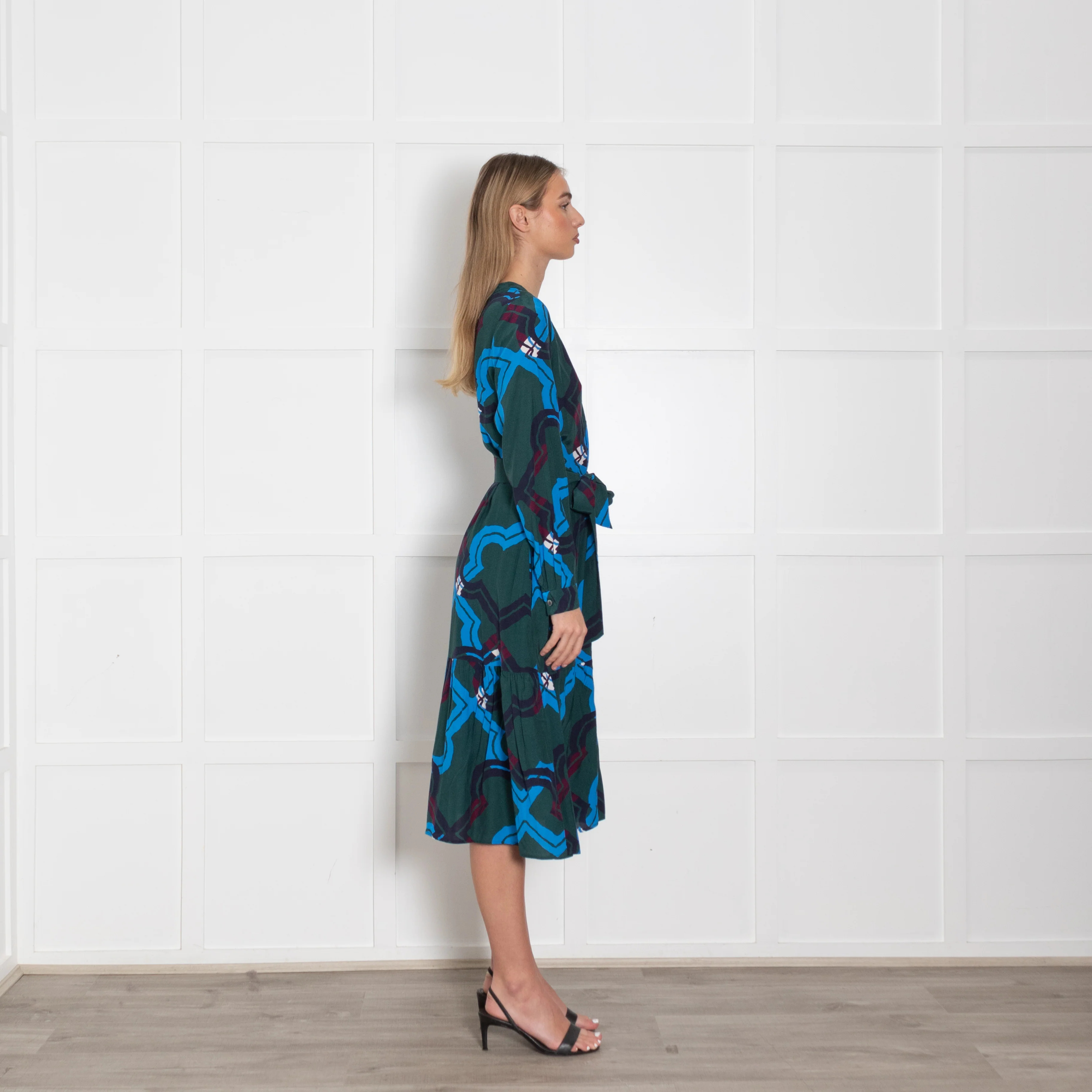 Iris & ink Green Blue Pattern Front Open Belted Midi Dress - Image 6