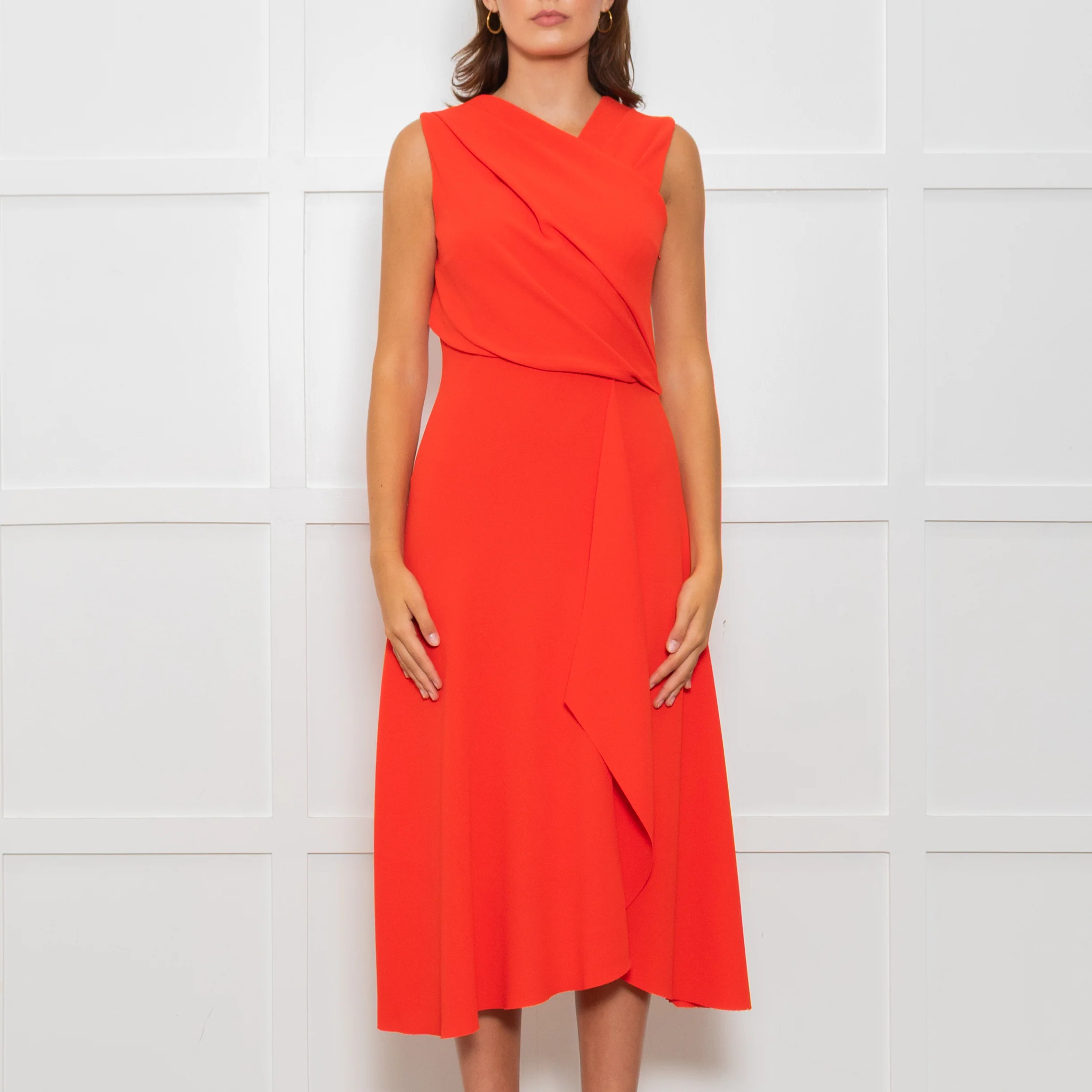Iris & Ink Hot Orange Asymmetric Wrap Bodice Sleeveless Dress - Image 2