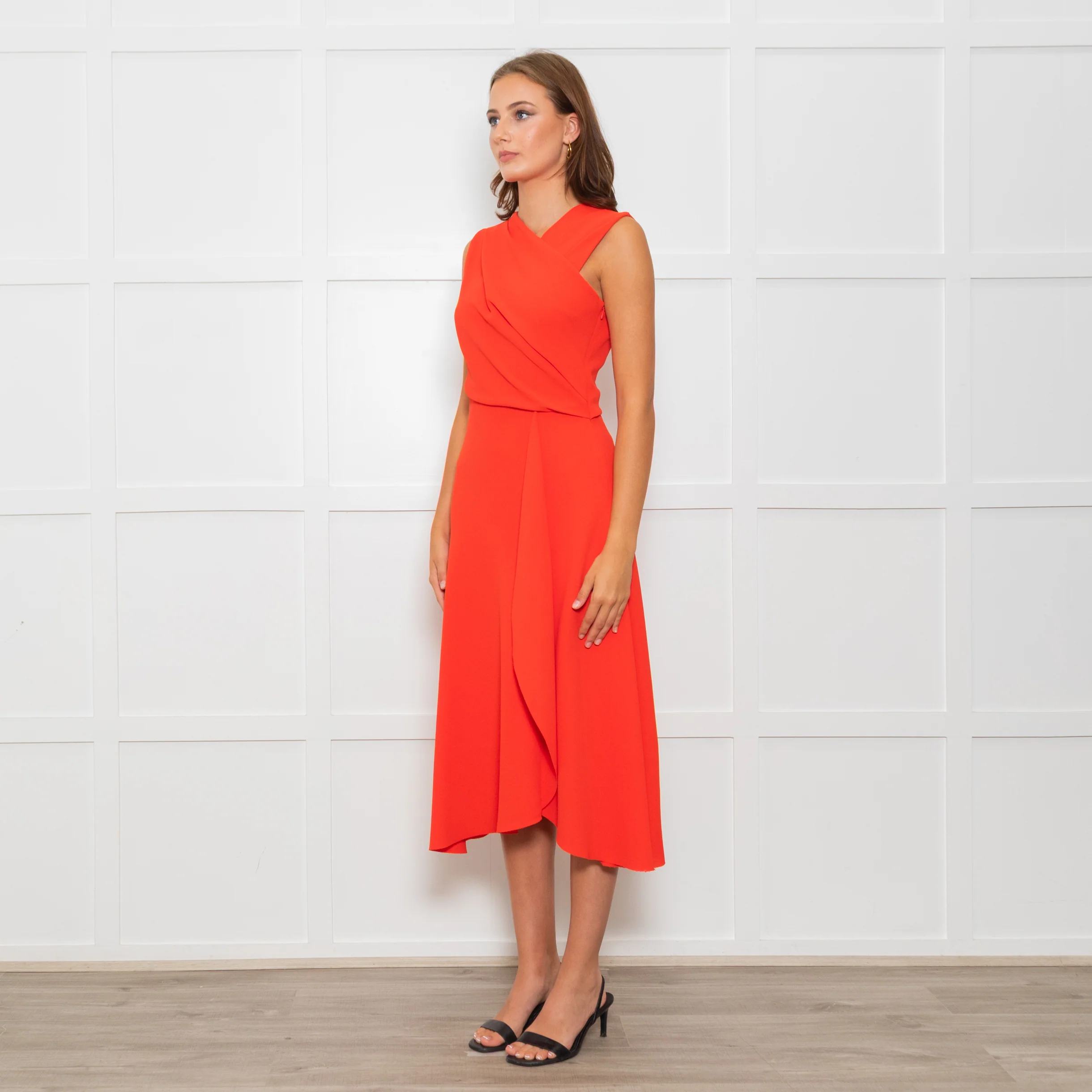 Iris & Ink Hot Orange Asymmetric Wrap Bodice Sleeveless Dress - Image 3