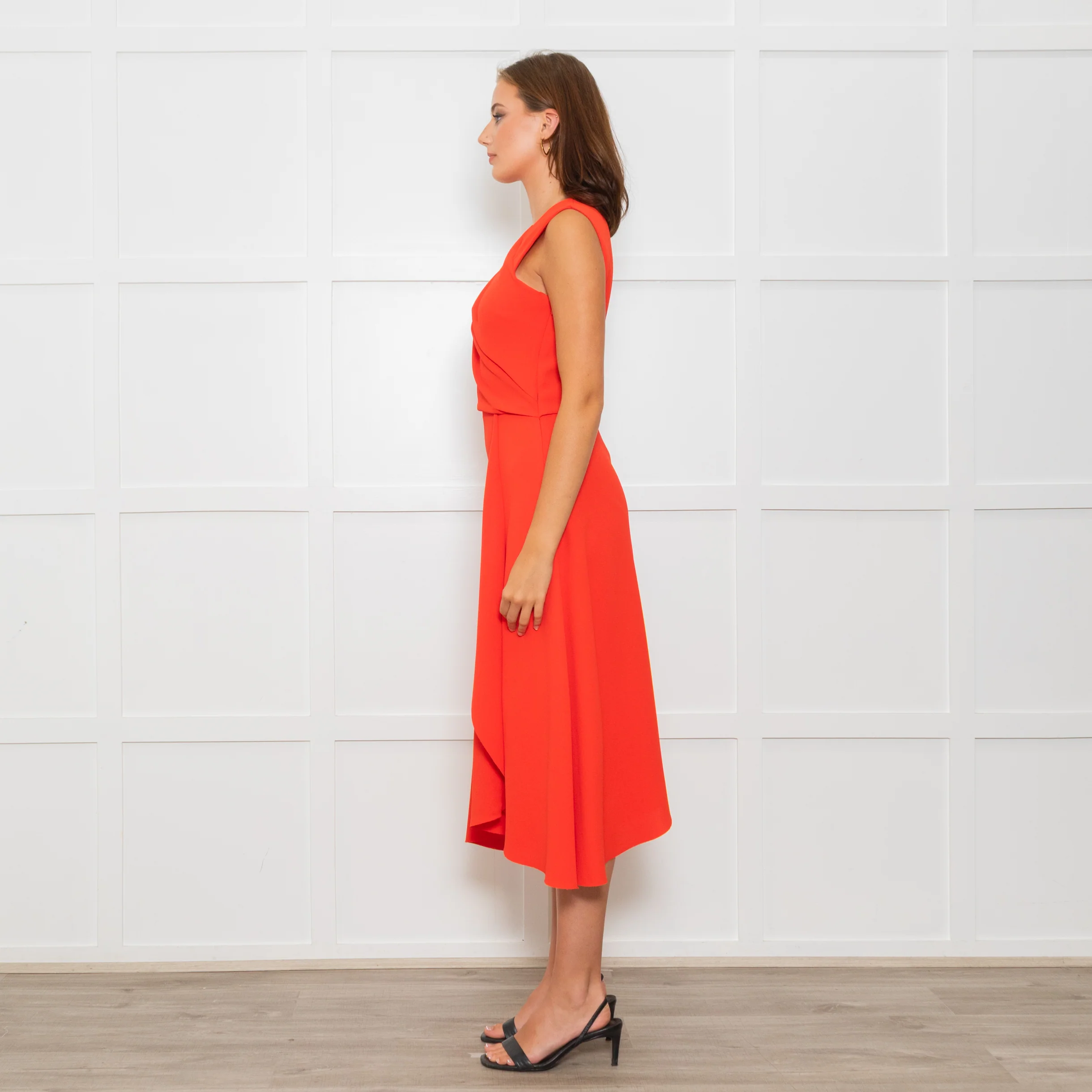 Iris & Ink Hot Orange Asymmetric Wrap Bodice Sleeveless Dress - Image 4