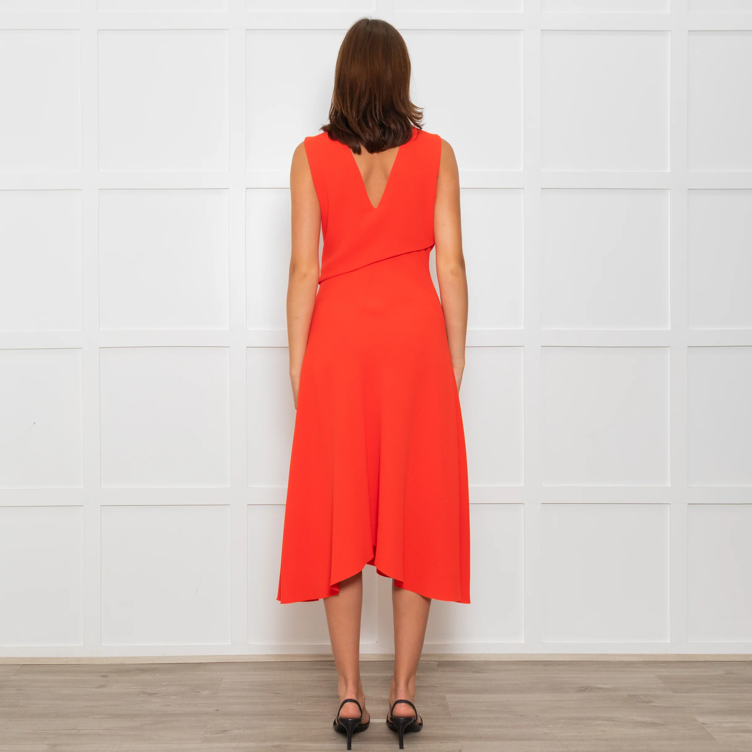 Iris & Ink Hot Orange Asymmetric Wrap Bodice Sleeveless Dress - Image 5