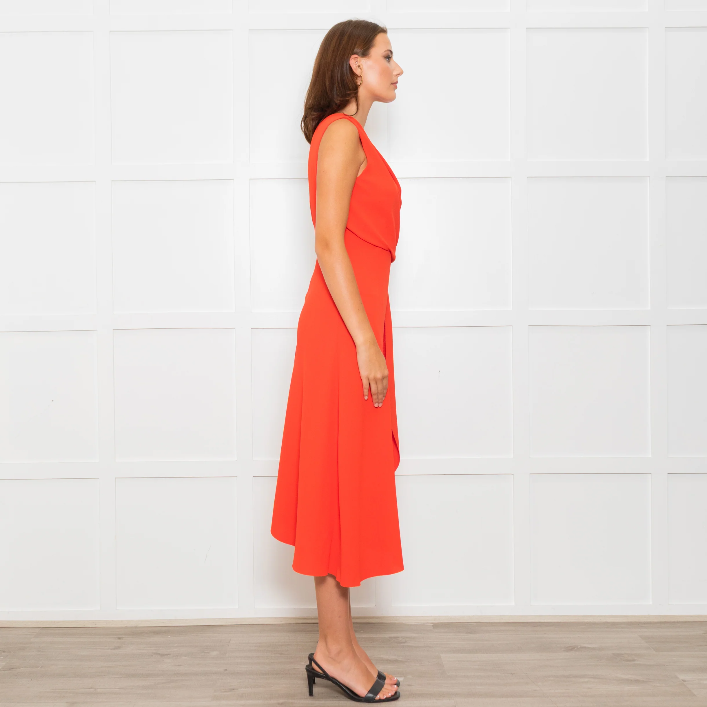 Iris & Ink Hot Orange Asymmetric Wrap Bodice Sleeveless Dress - Image 6