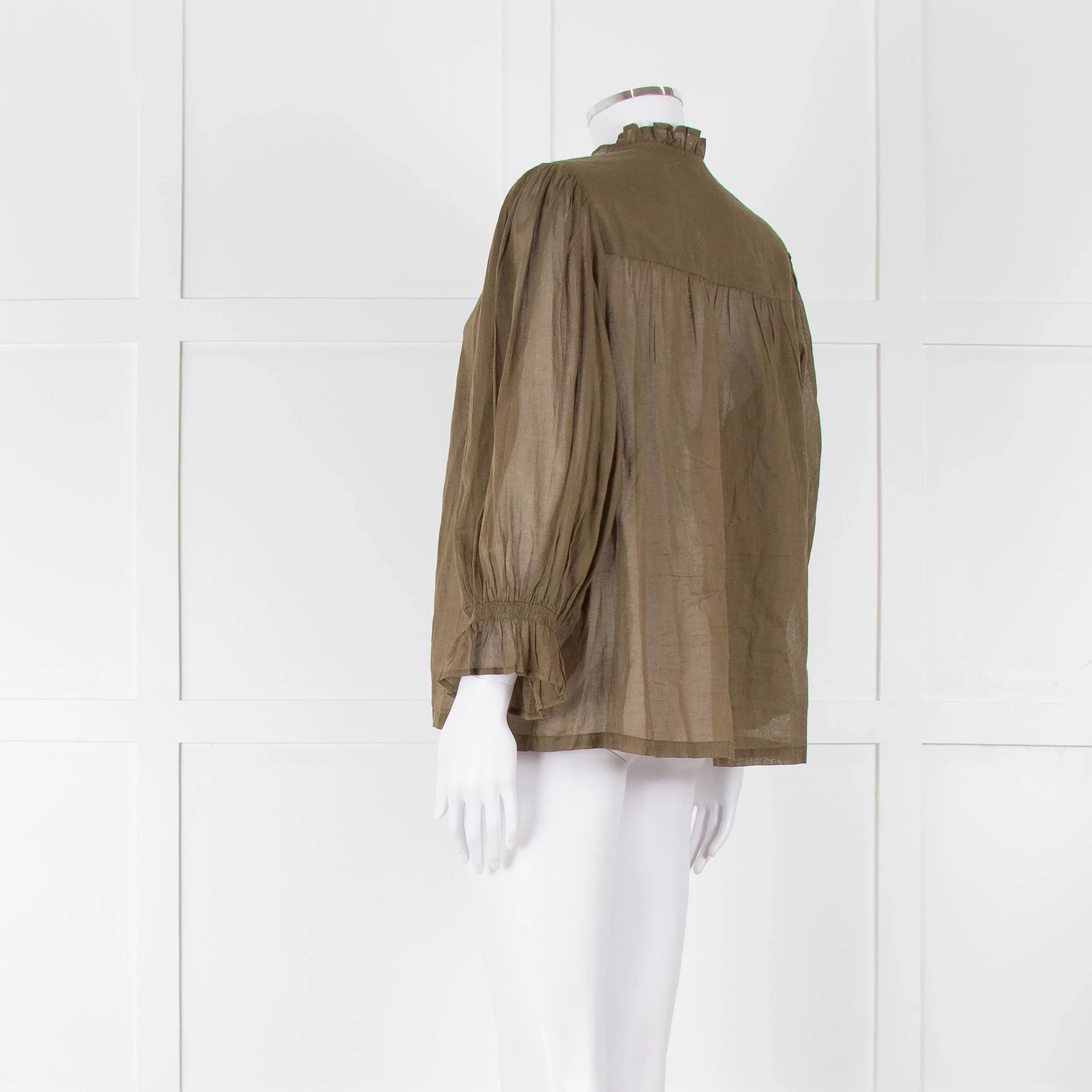 Iris Khaki Cotton Frill Trim Sheer Blouse - Image 6