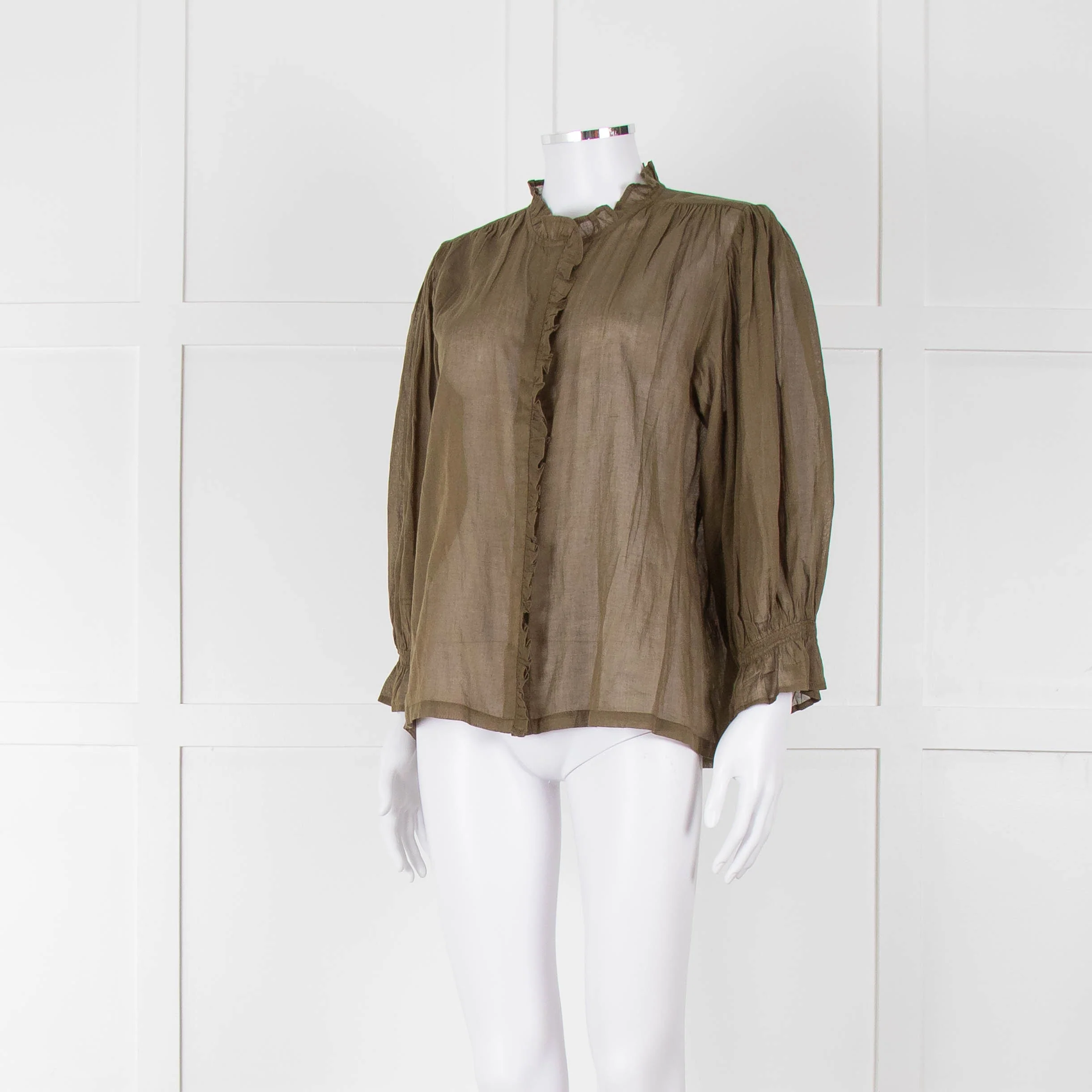 Iris Khaki Cotton Frill Trim Sheer Blouse - Image 8