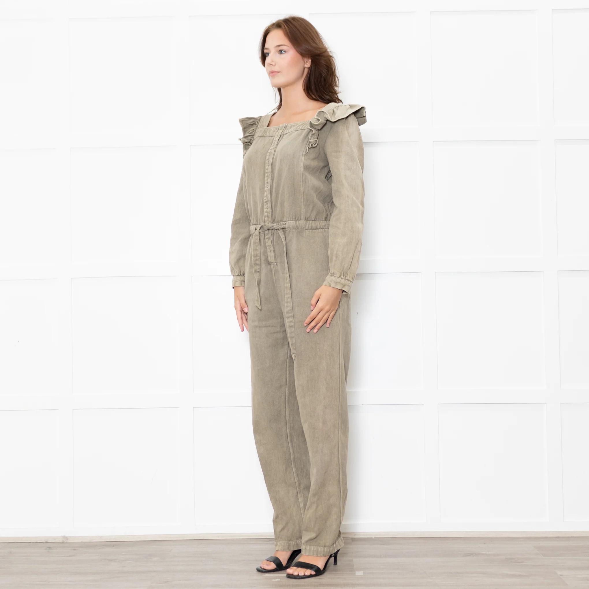 Iris Khaki Frill Shoulder Detail Denim Jumpsuit - Image 3