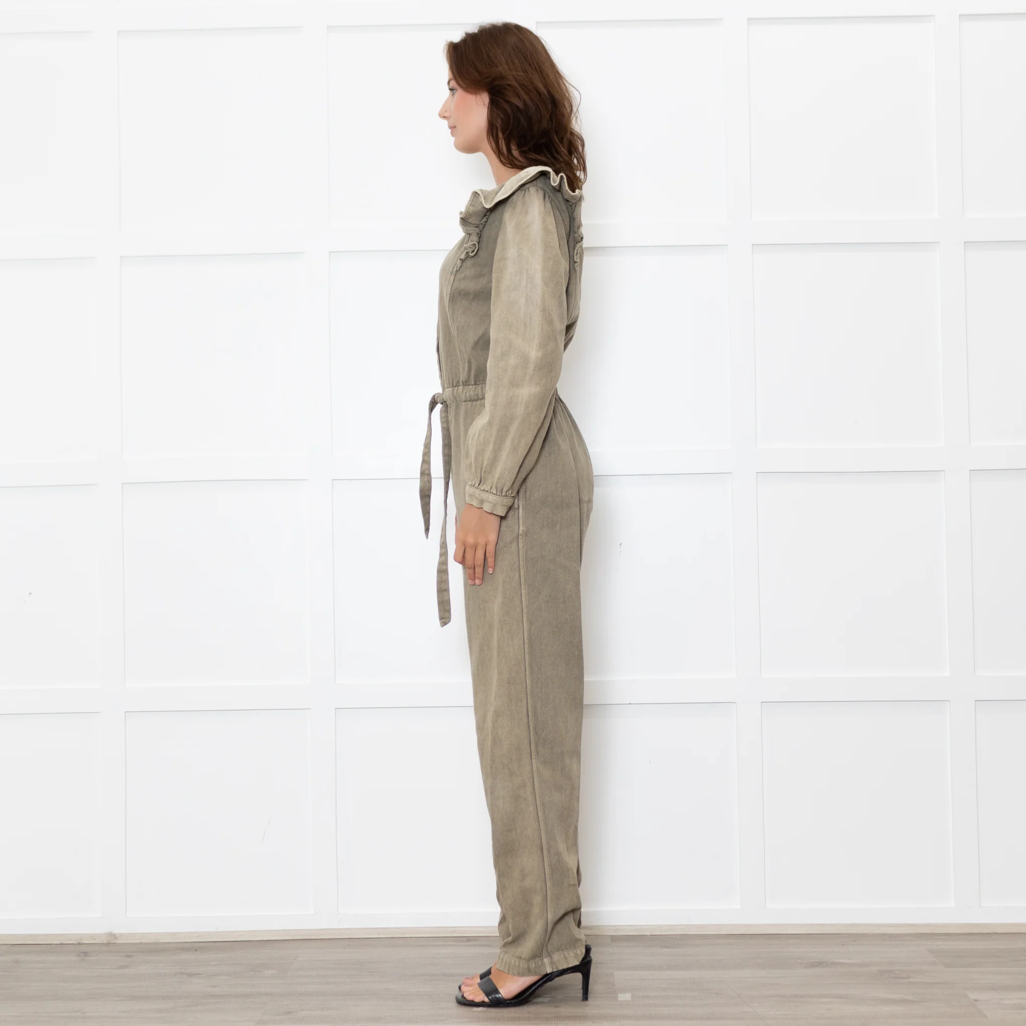 Iris Khaki Frill Shoulder Detail Denim Jumpsuit - Image 4