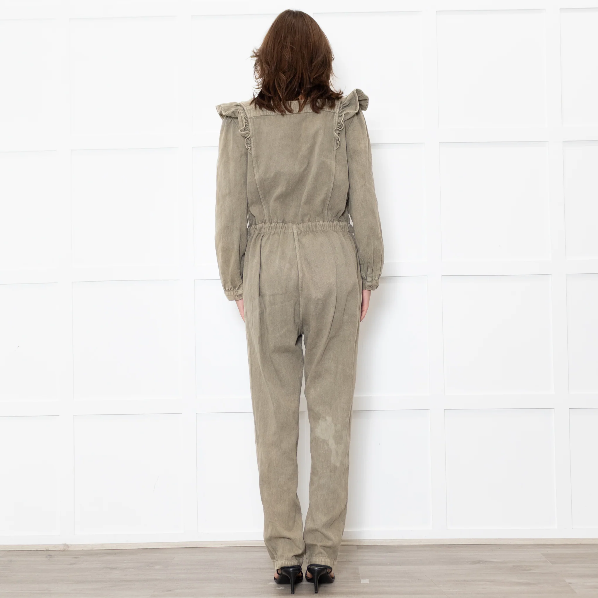 Iris Khaki Frill Shoulder Detail Denim Jumpsuit - Image 5