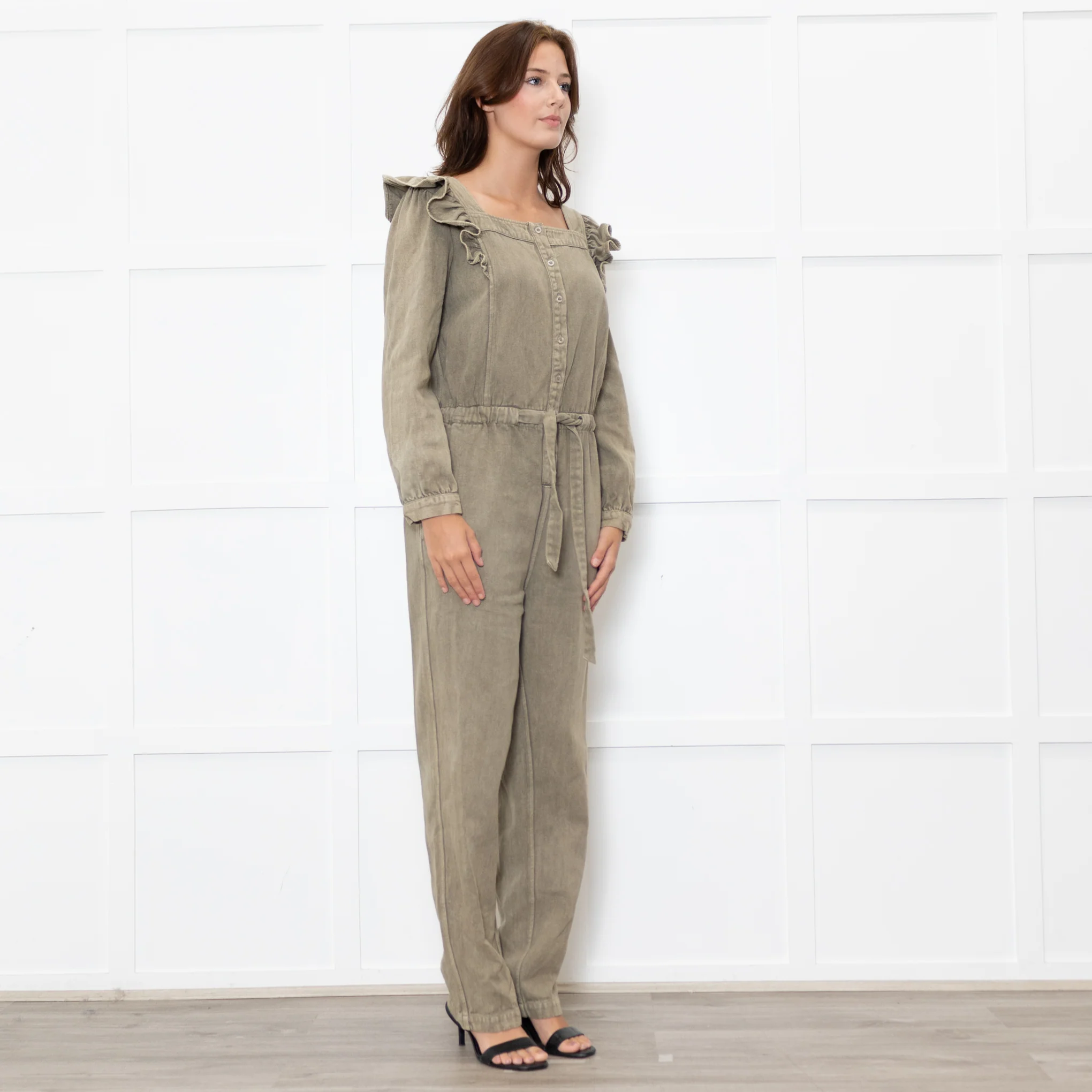 Iris Khaki Frill Shoulder Detail Denim Jumpsuit - Image 7