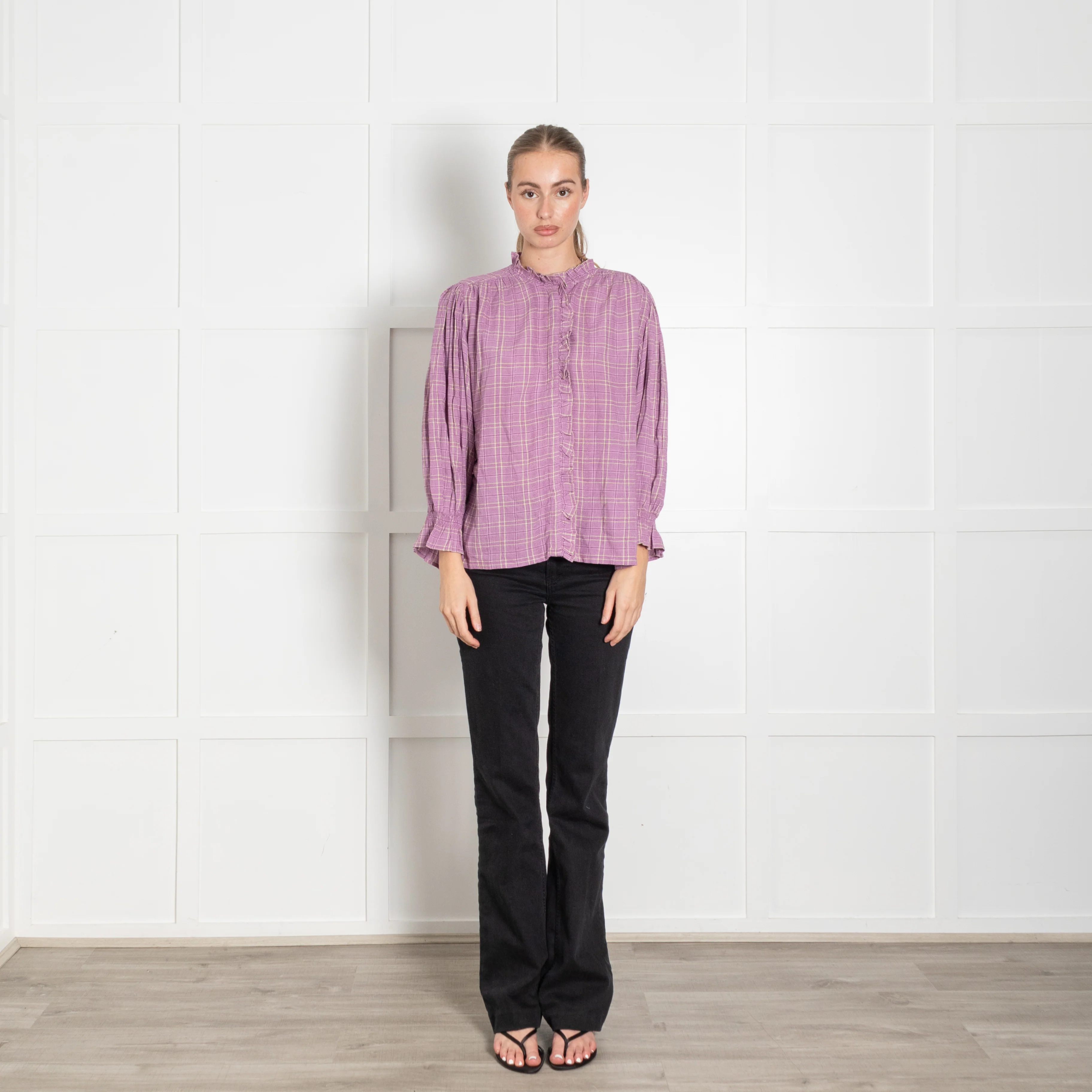 Iris Lilac beige Check Print Frill Trim Blouse