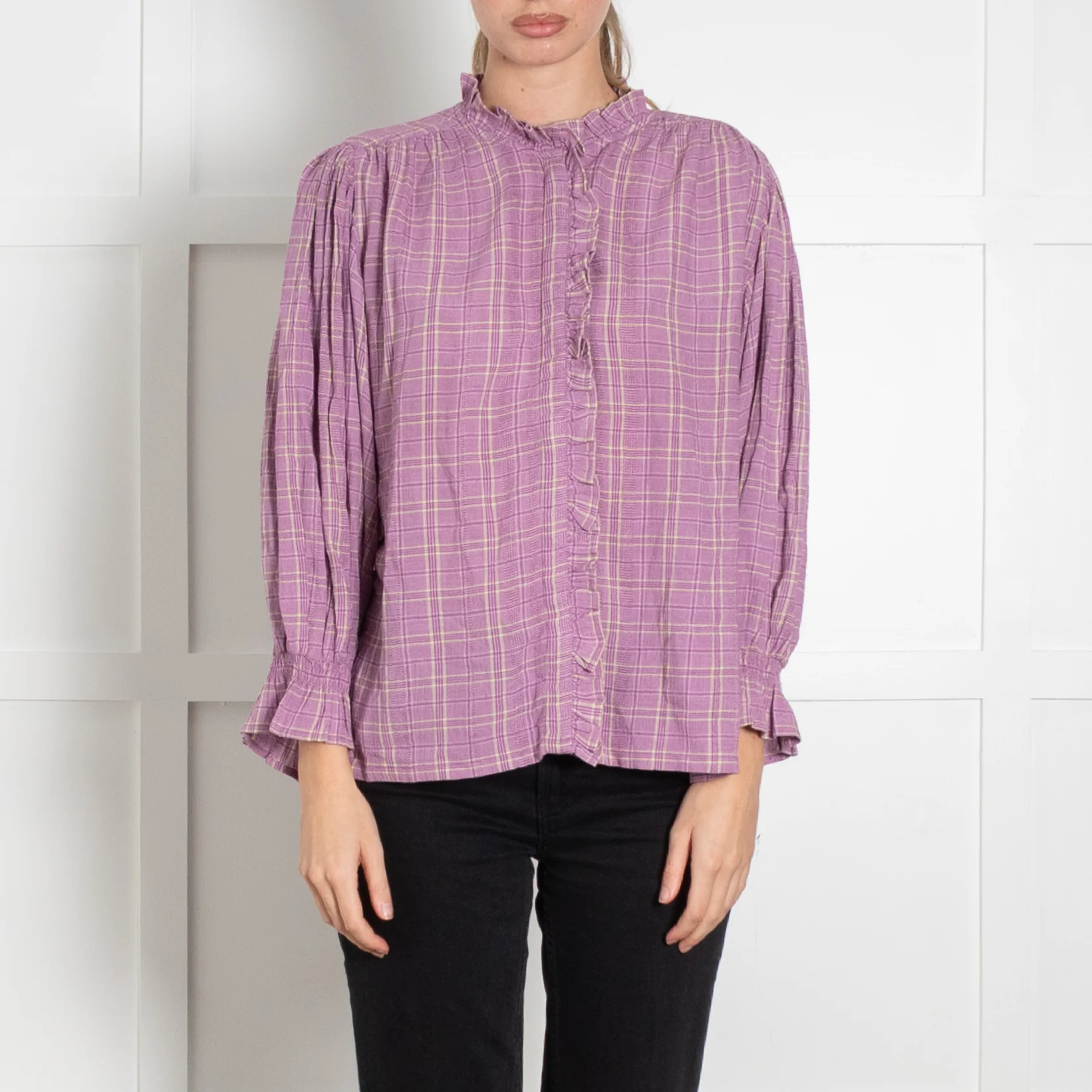 Iris Lilac beige Check Print Frill Trim Blouse - Image 2