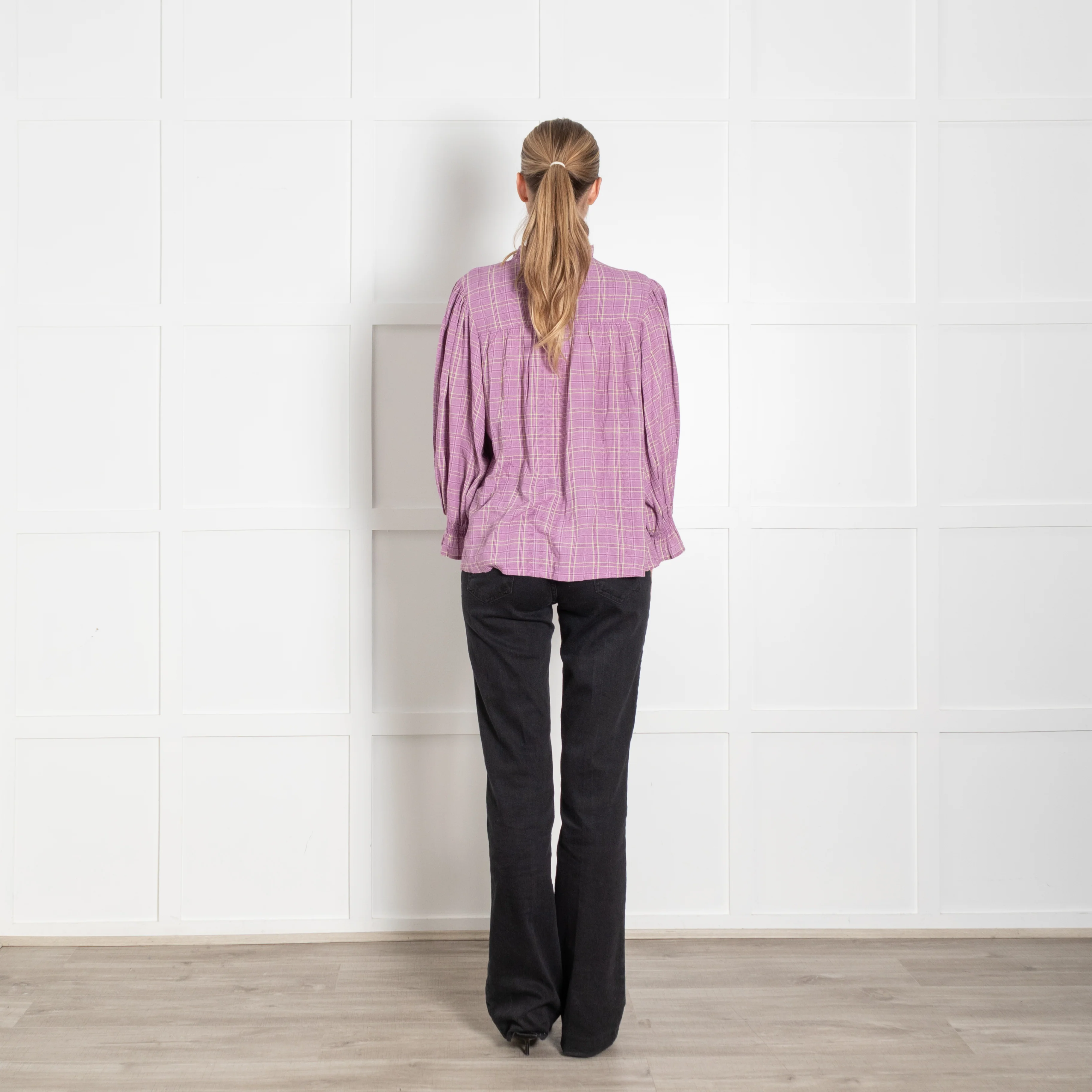 Iris Lilac beige Check Print Frill Trim Blouse - Image 5