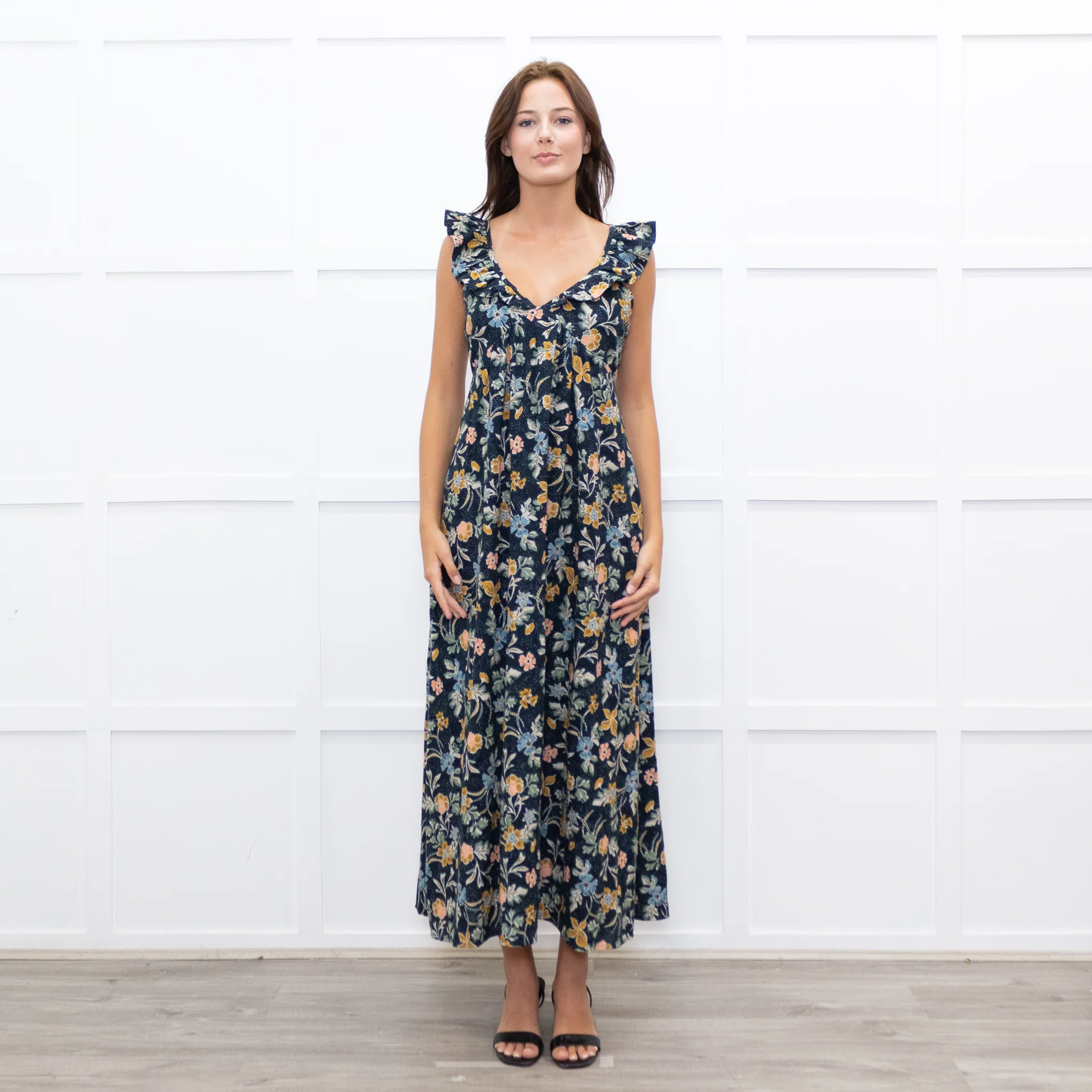 Iris Navy Blue Yellow Coral Green Floral Strappy Frill Maxi Dress