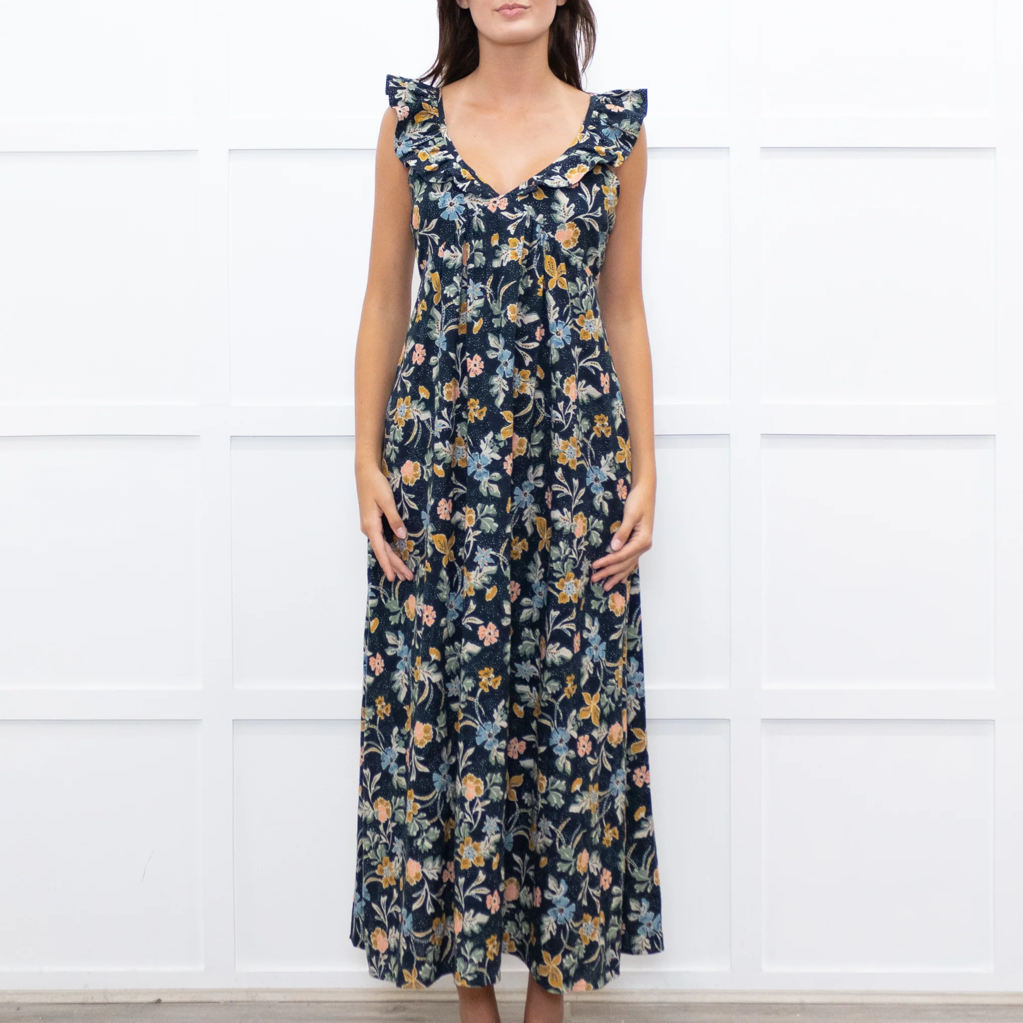 Iris Navy Blue Yellow Coral Green Floral Strappy Frill Maxi Dress - Image 2