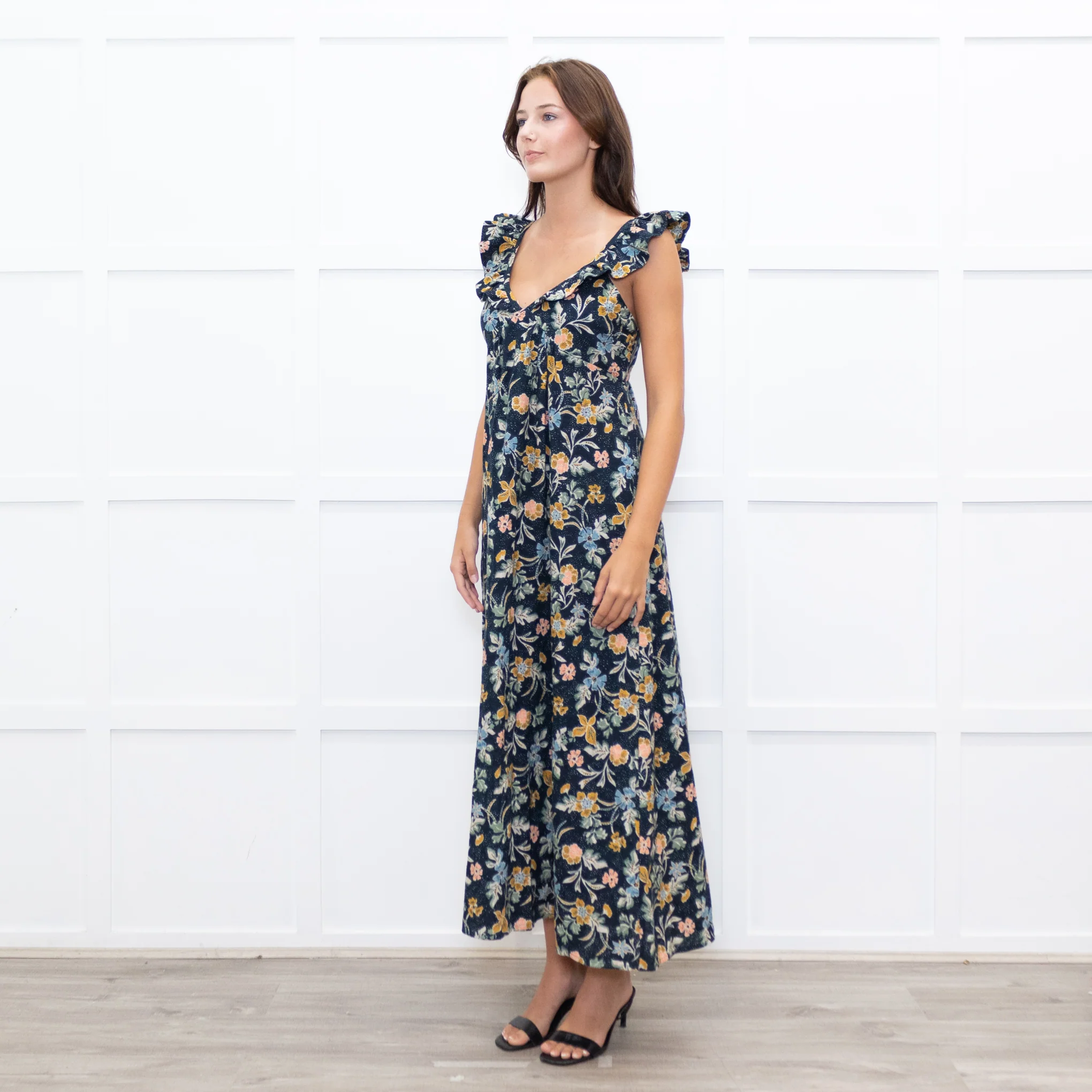 Iris Navy Blue Yellow Coral Green Floral Strappy Frill Maxi Dress - Image 3