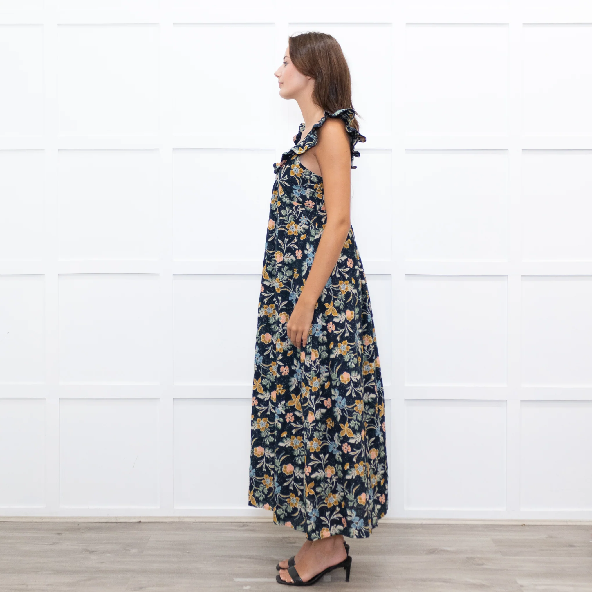 Iris Navy Blue Yellow Coral Green Floral Strappy Frill Maxi Dress - Image 4