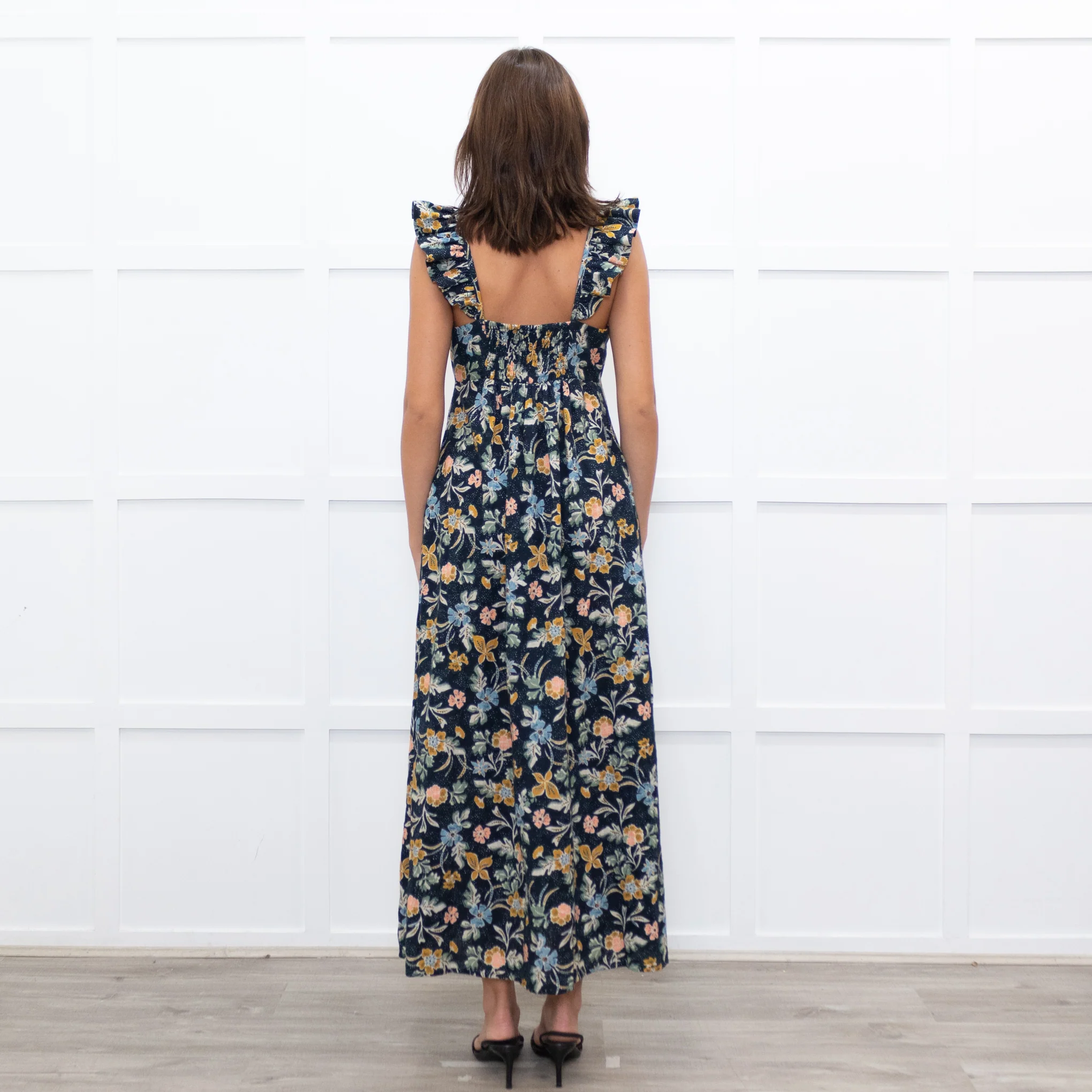 Iris Navy Blue Yellow Coral Green Floral Strappy Frill Maxi Dress - Image 5
