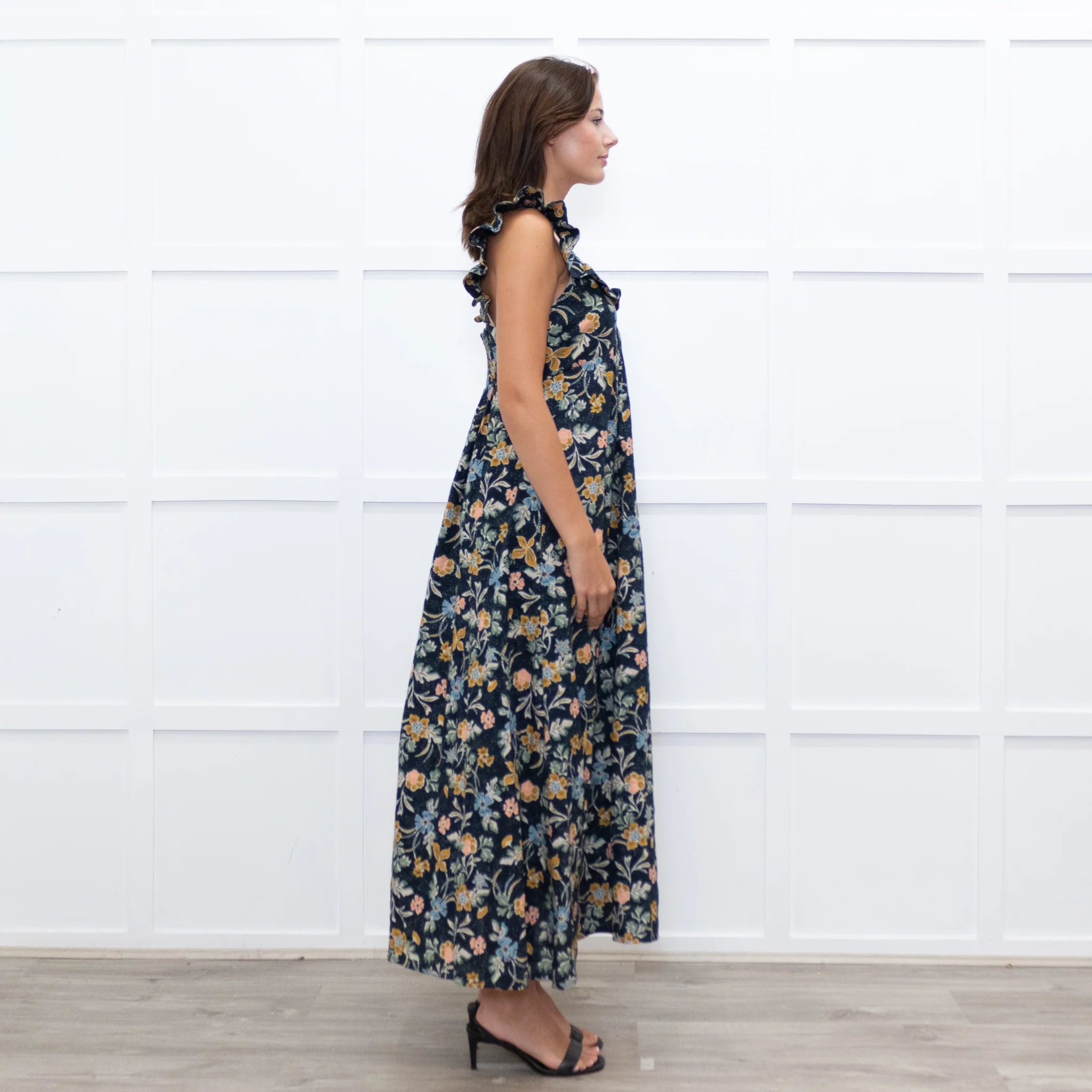 Iris Navy Blue Yellow Coral Green Floral Strappy Frill Maxi Dress - Image 6