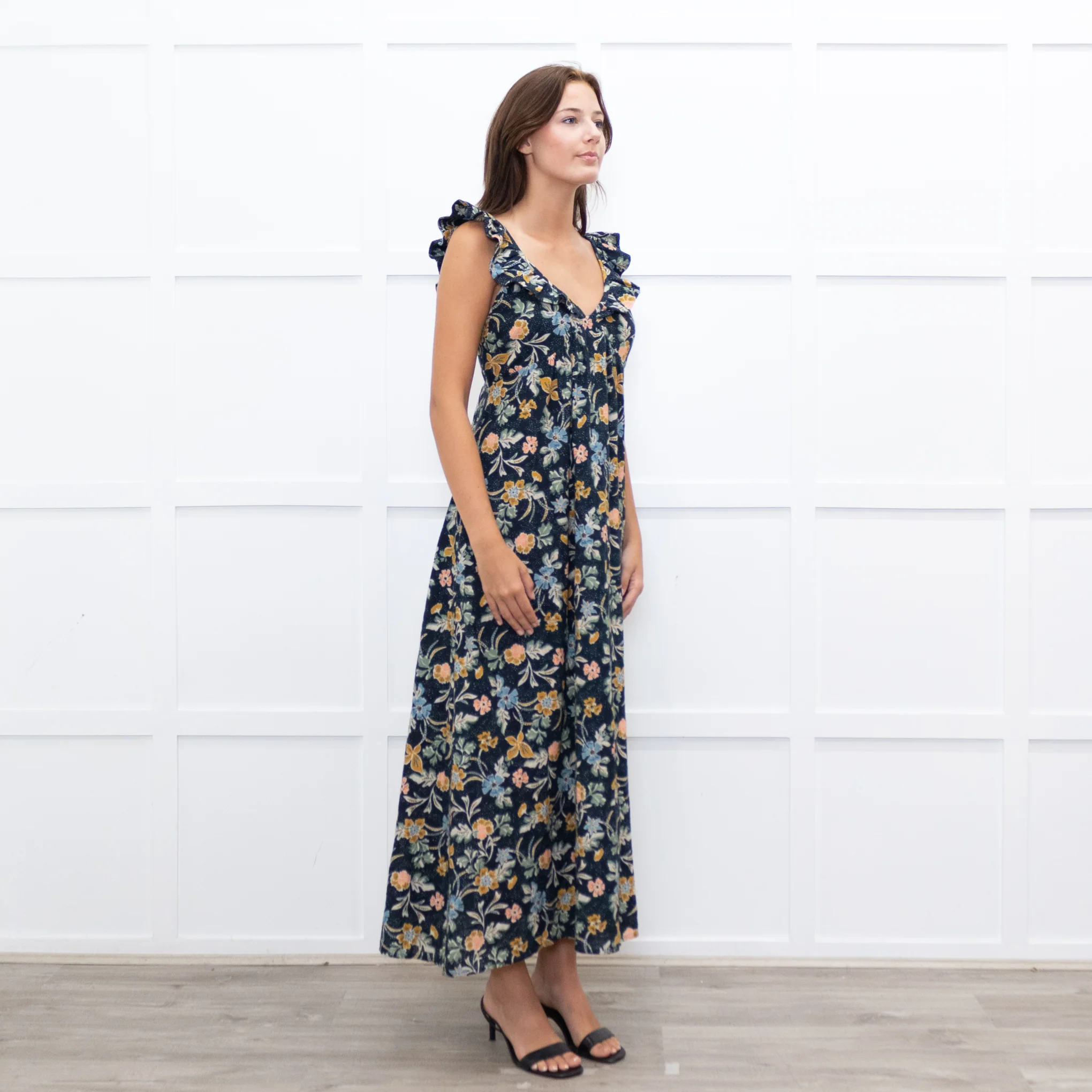 Iris Navy Blue Yellow Coral Green Floral Strappy Frill Maxi Dress - Image 7