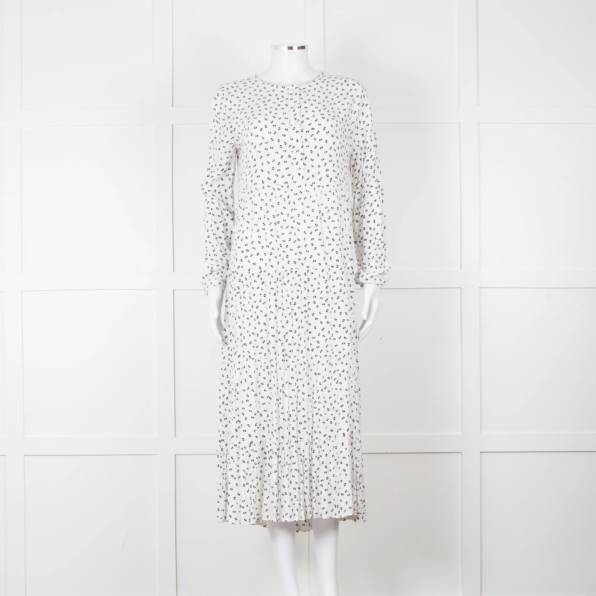 Iris White Black Triangle Print Frill Detail Midi Dress