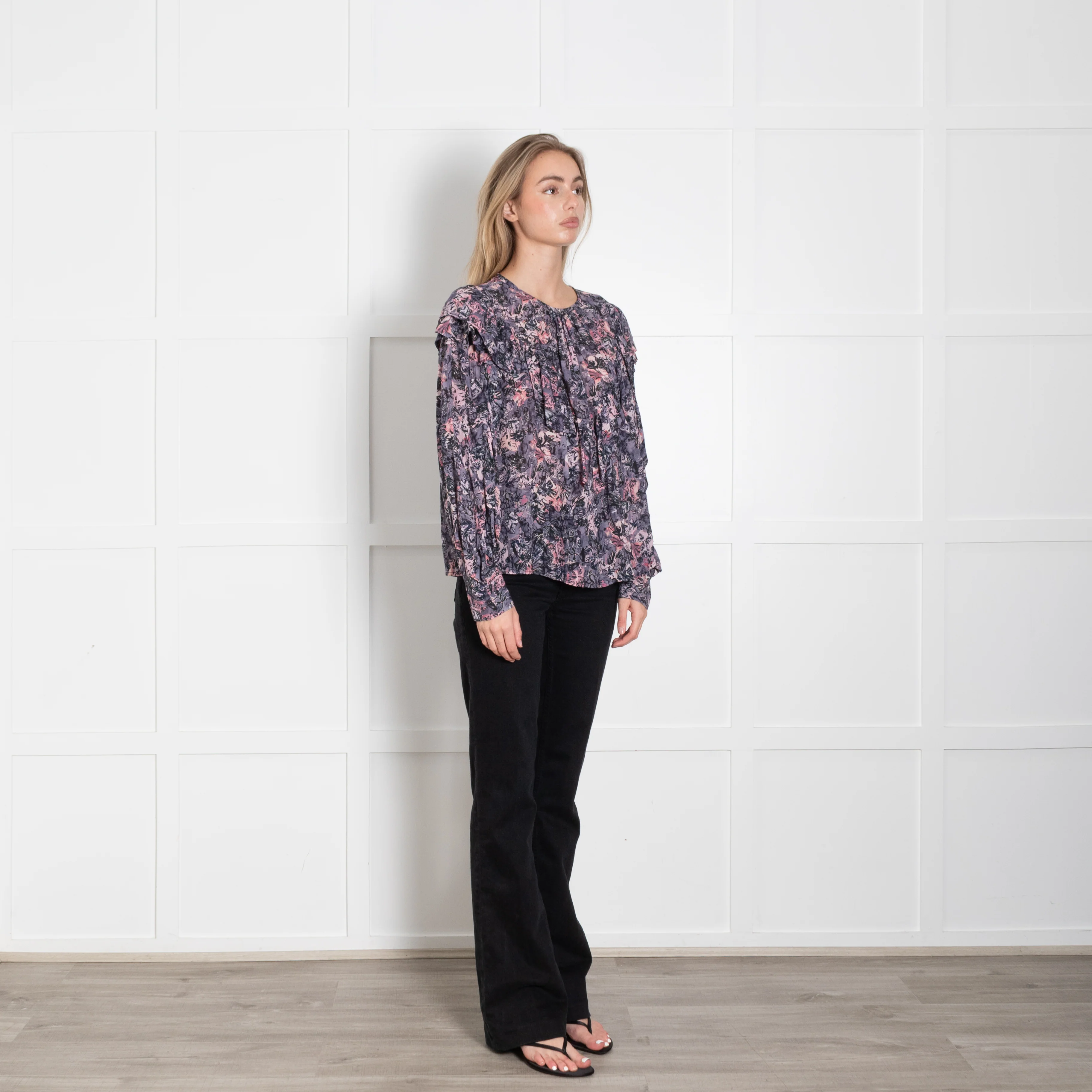IRO Purple And Pink Floral Frill Front Long Sleeve Top - Image 7