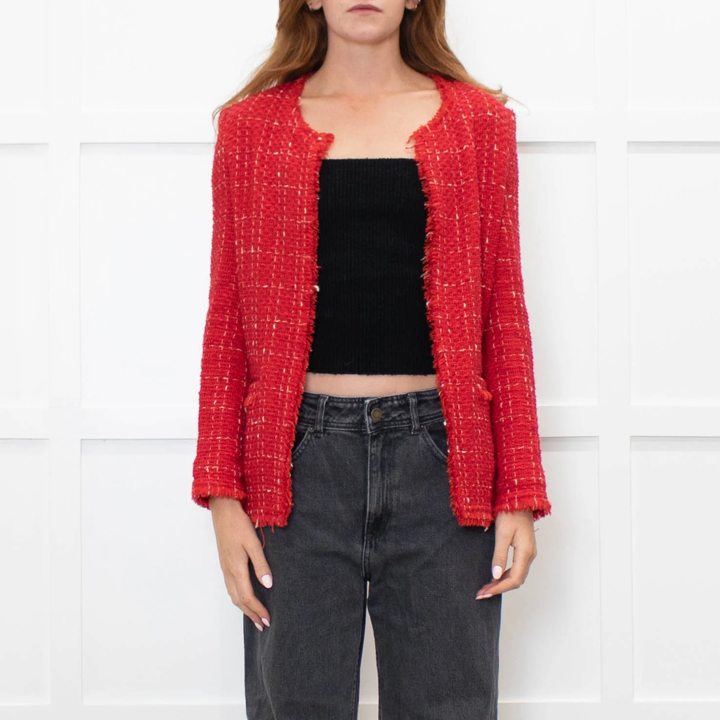 IRO Red And Cream Fray Edge Quespo Jacket - Image 2