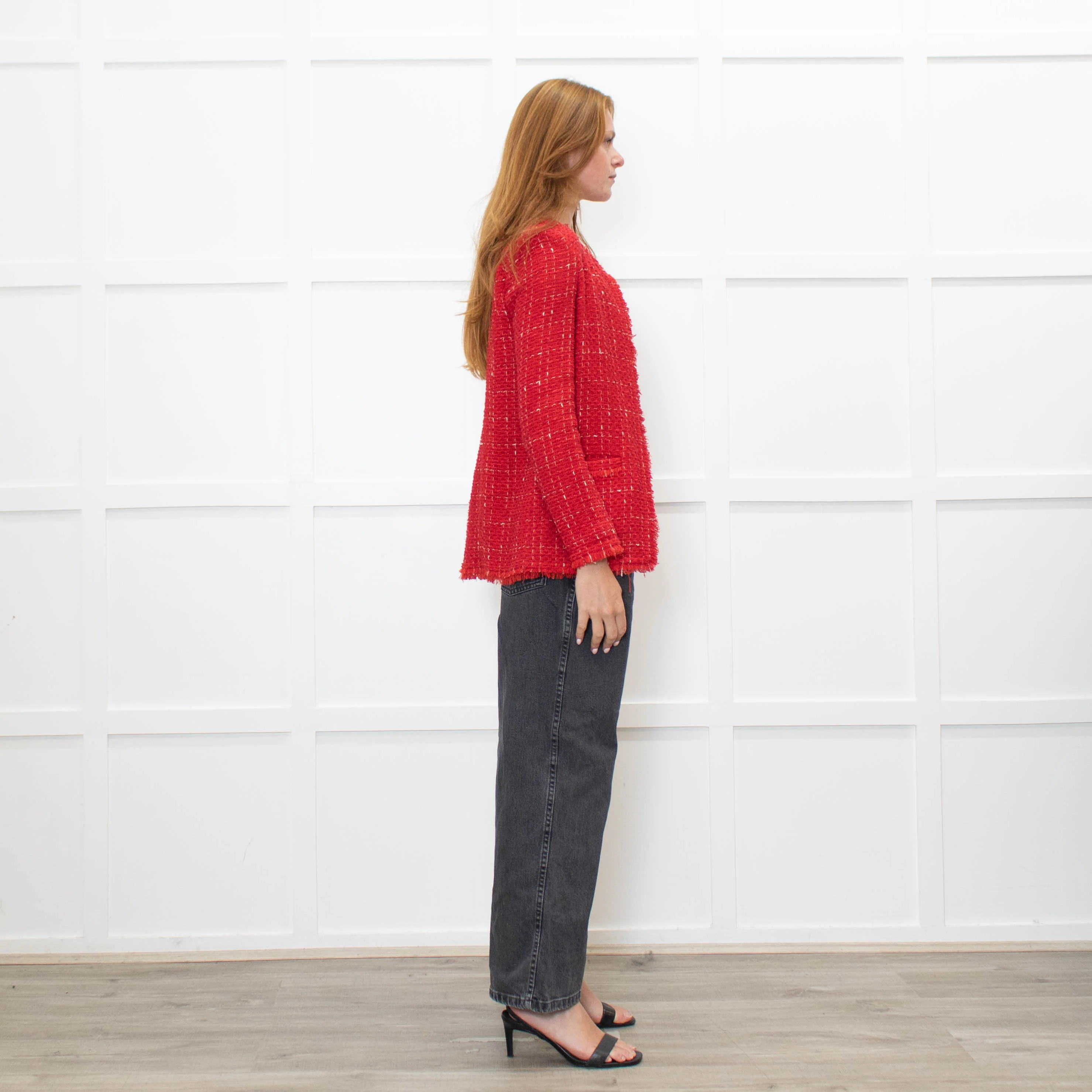 IRO Red And Cream Fray Edge Quespo Jacket - Image 6