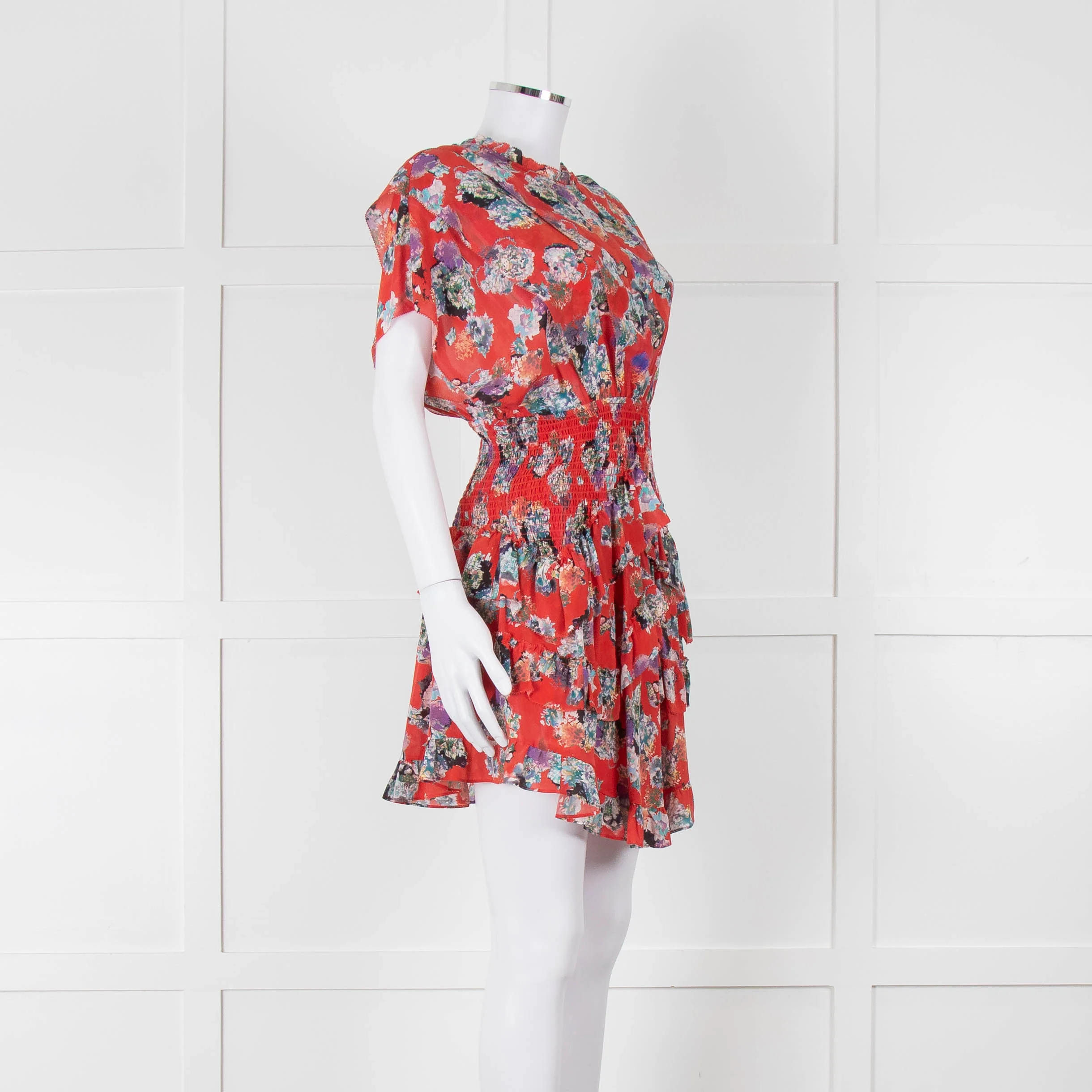 IRO Red Silk Short Sleeve Mini Dress with Smocked Waist - Image 2